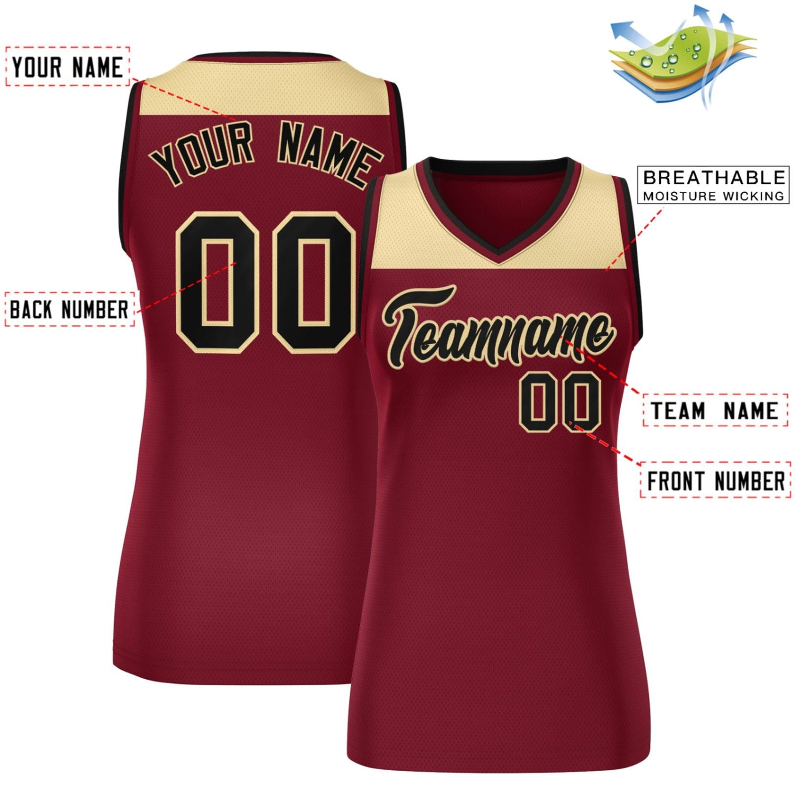 Custom Khaki Crimson Color Block Fashion Tops Mesh Basketball Jersey For Women