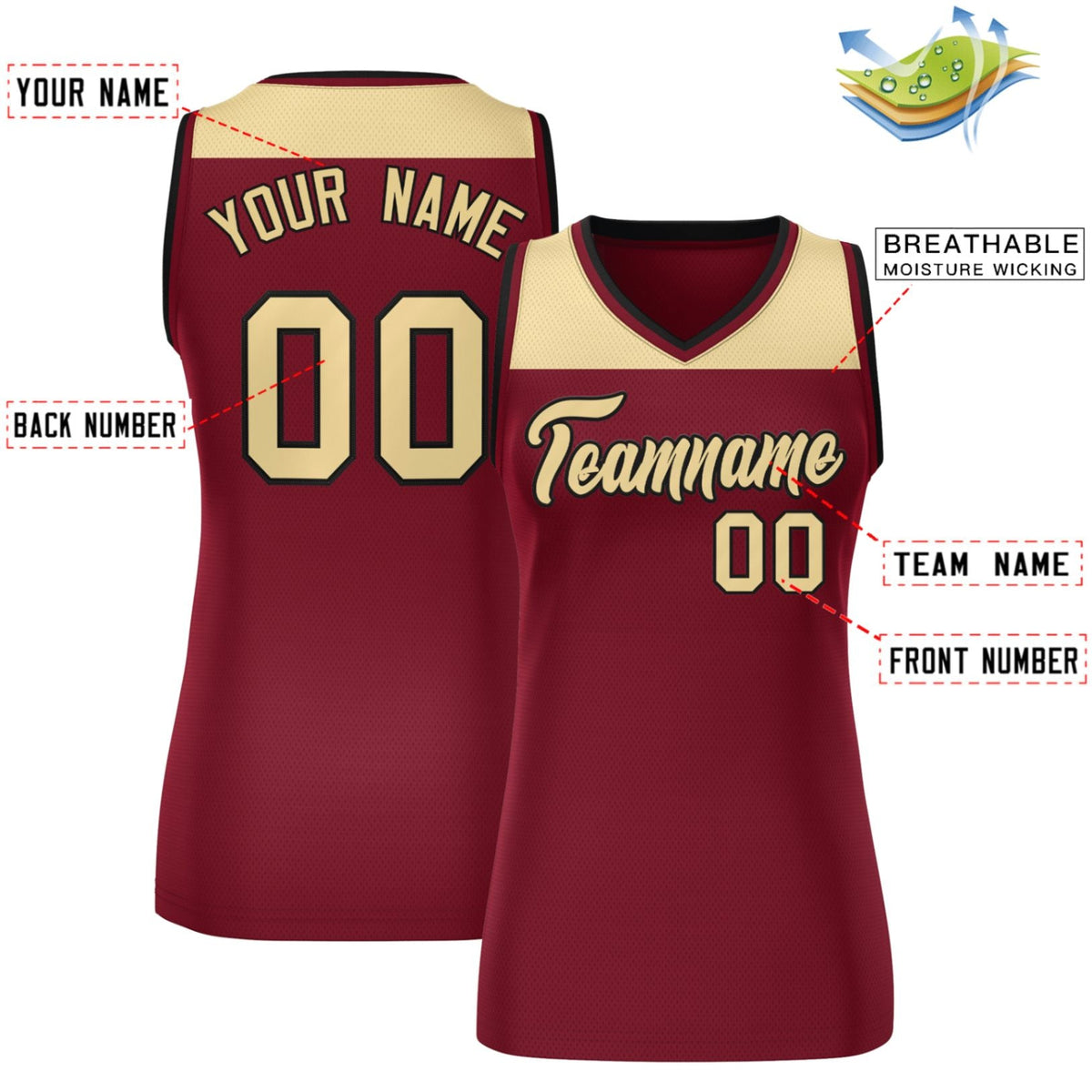 Custom Khaki Crimson Color Block Fashion Tops Mesh Basketball Jersey For Women