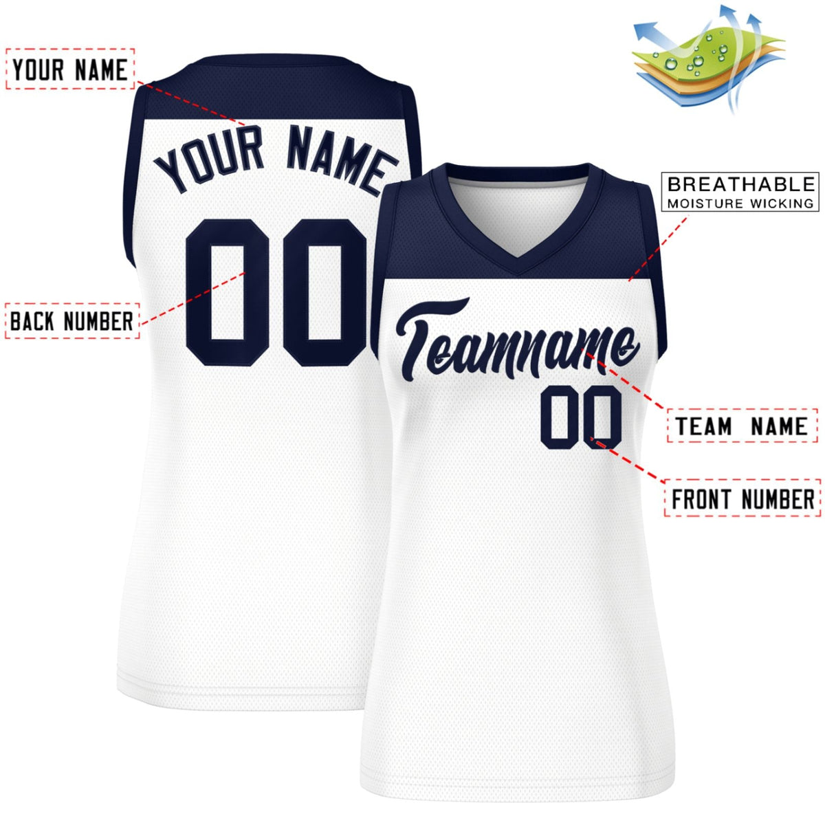 Custom Navy White Color Block Fashion Tops Mesh Basketball Jersey For Women