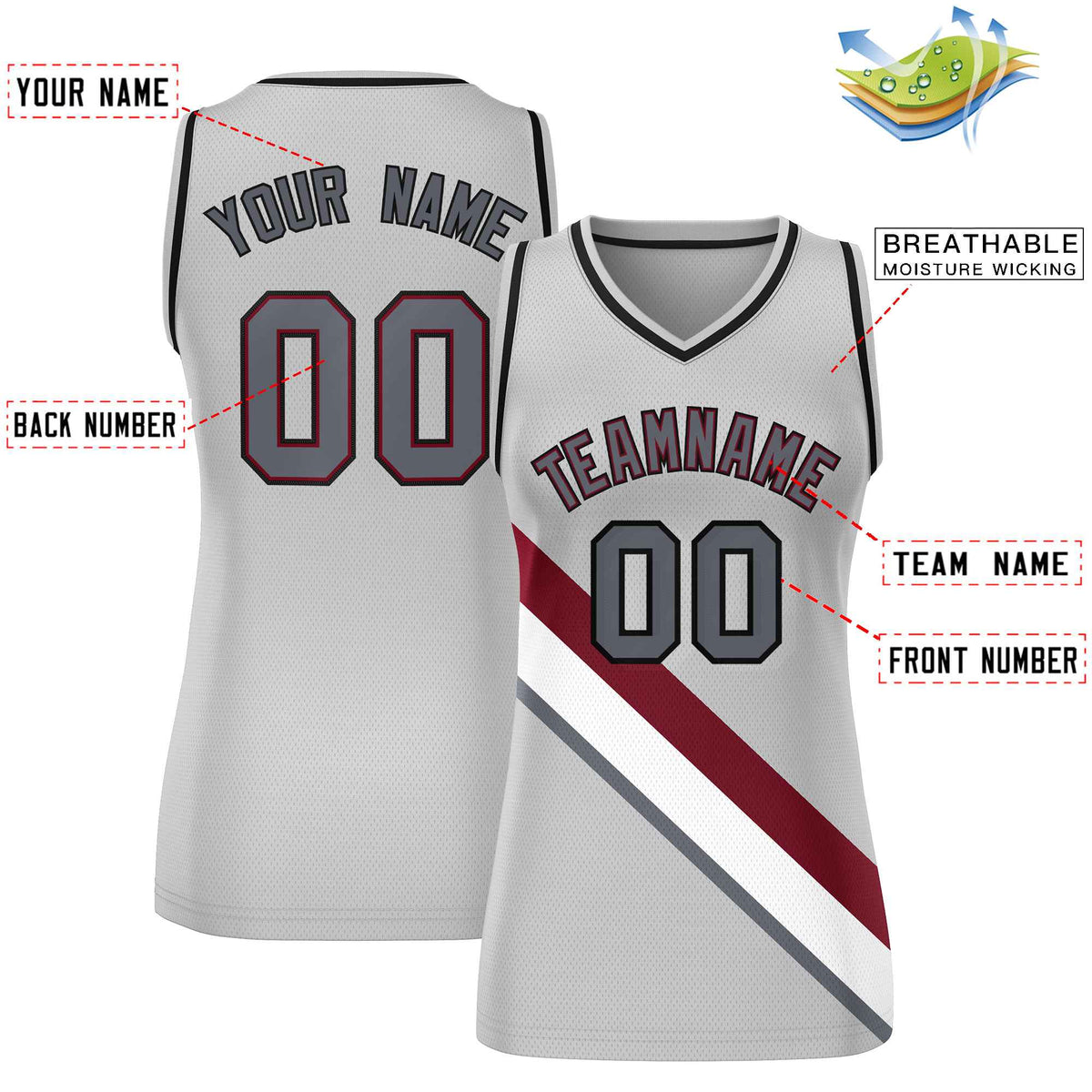Custom Gray Black-Gray Thick Slash Fashion Tops Mesh Basketball Jersey For Women