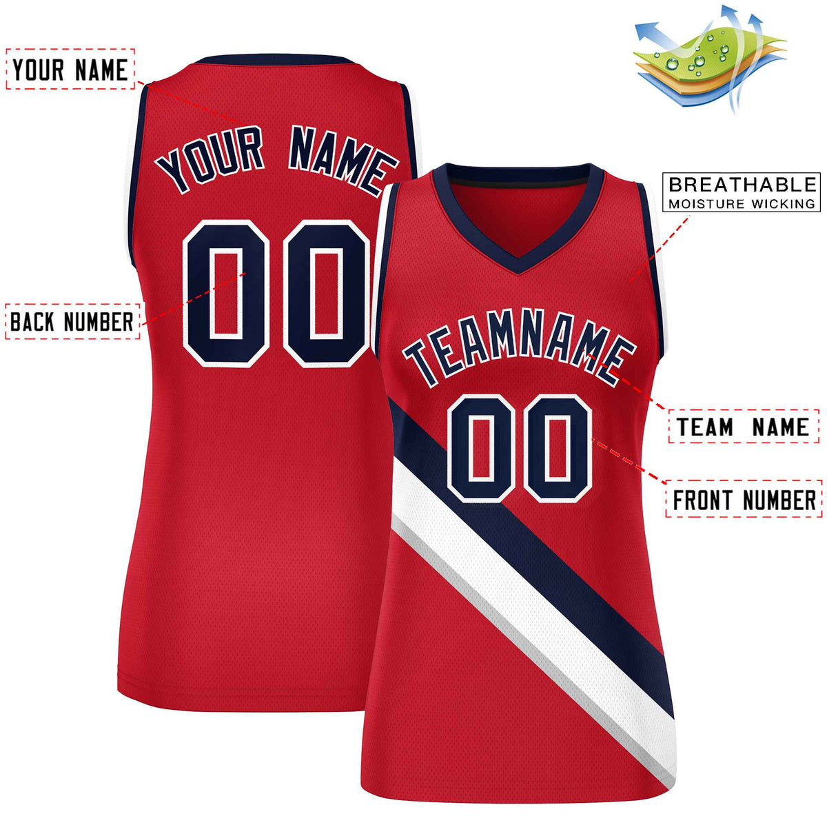 Custom Red Navy-White Thick Slash Fashion Tops Mesh Basketball Jersey For Women