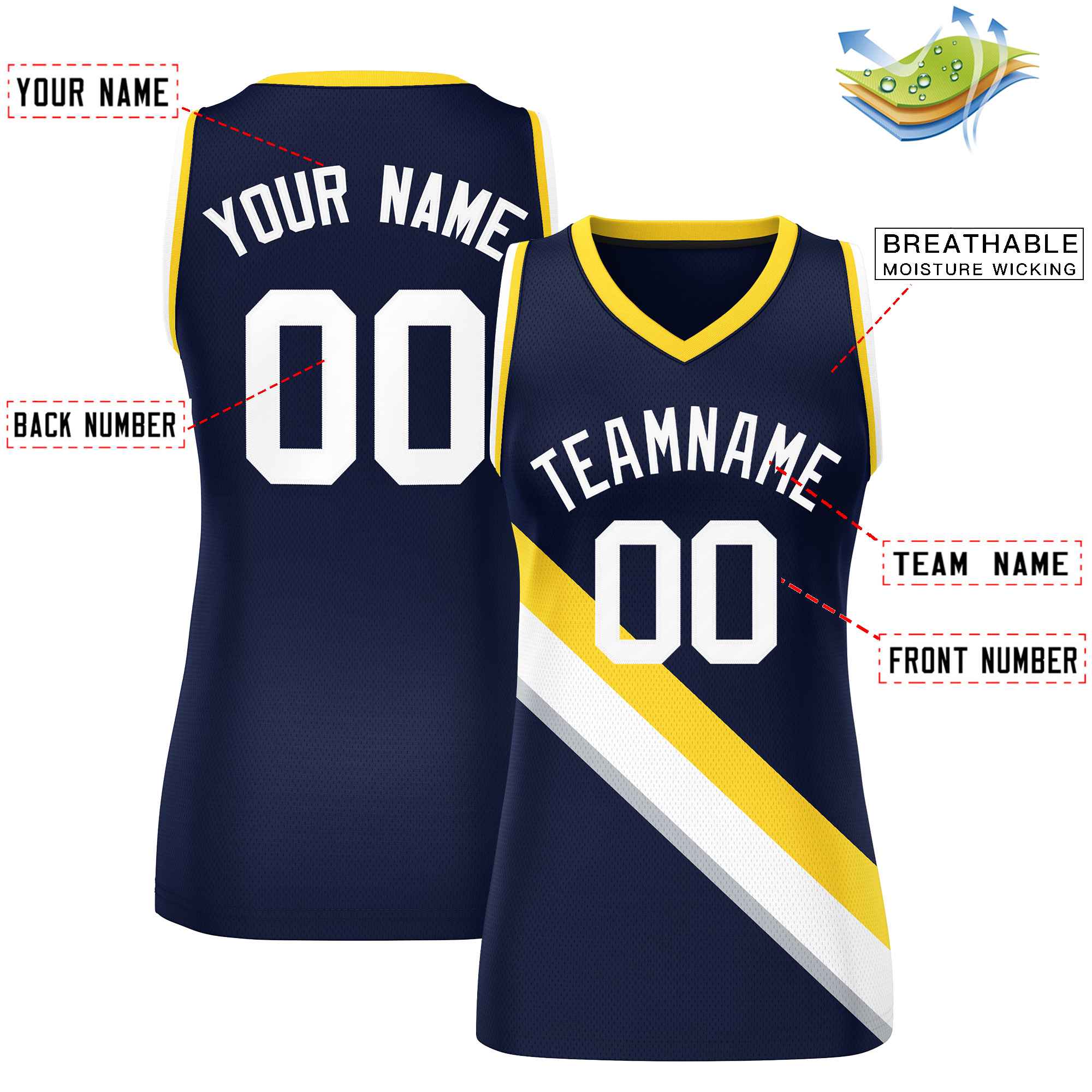 Custom Navy Gold-White Thick Slash Fashion Tops Mesh Basketball Jersey For Women