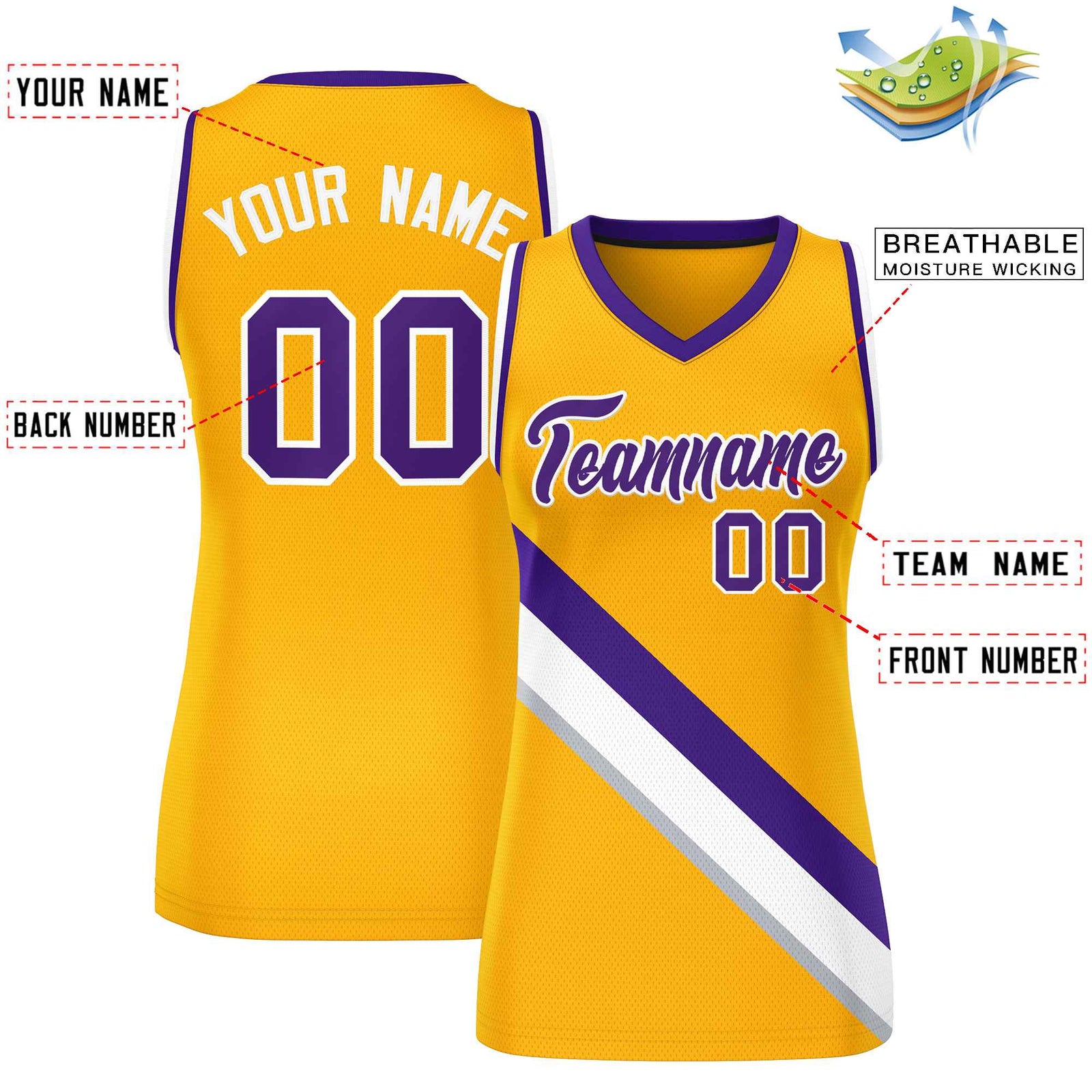 Custom Yellow Purple-White Thick Slash Fashion Tops Mesh Basketball Jersey For Women