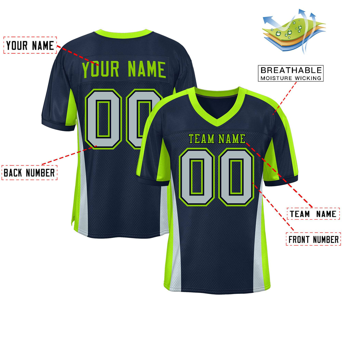 Custom Navy Color Block Mesh Authentic Football Jersey