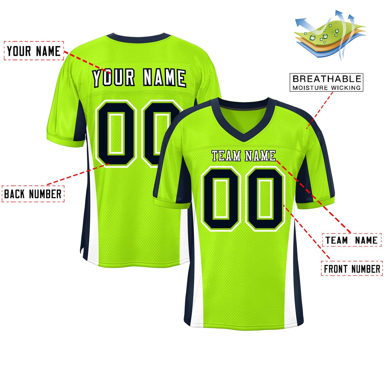 Custom Neon Green Color Block Mesh Authentic Football Jersey