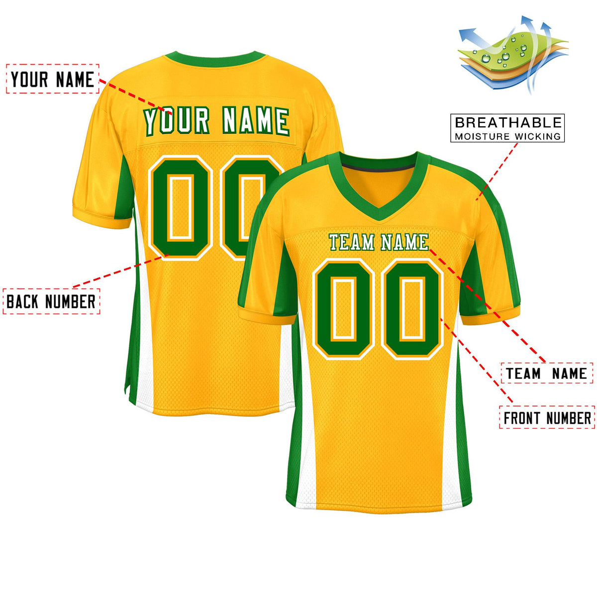 Custom Yellow Color Block Mesh Authentic Football Jersey