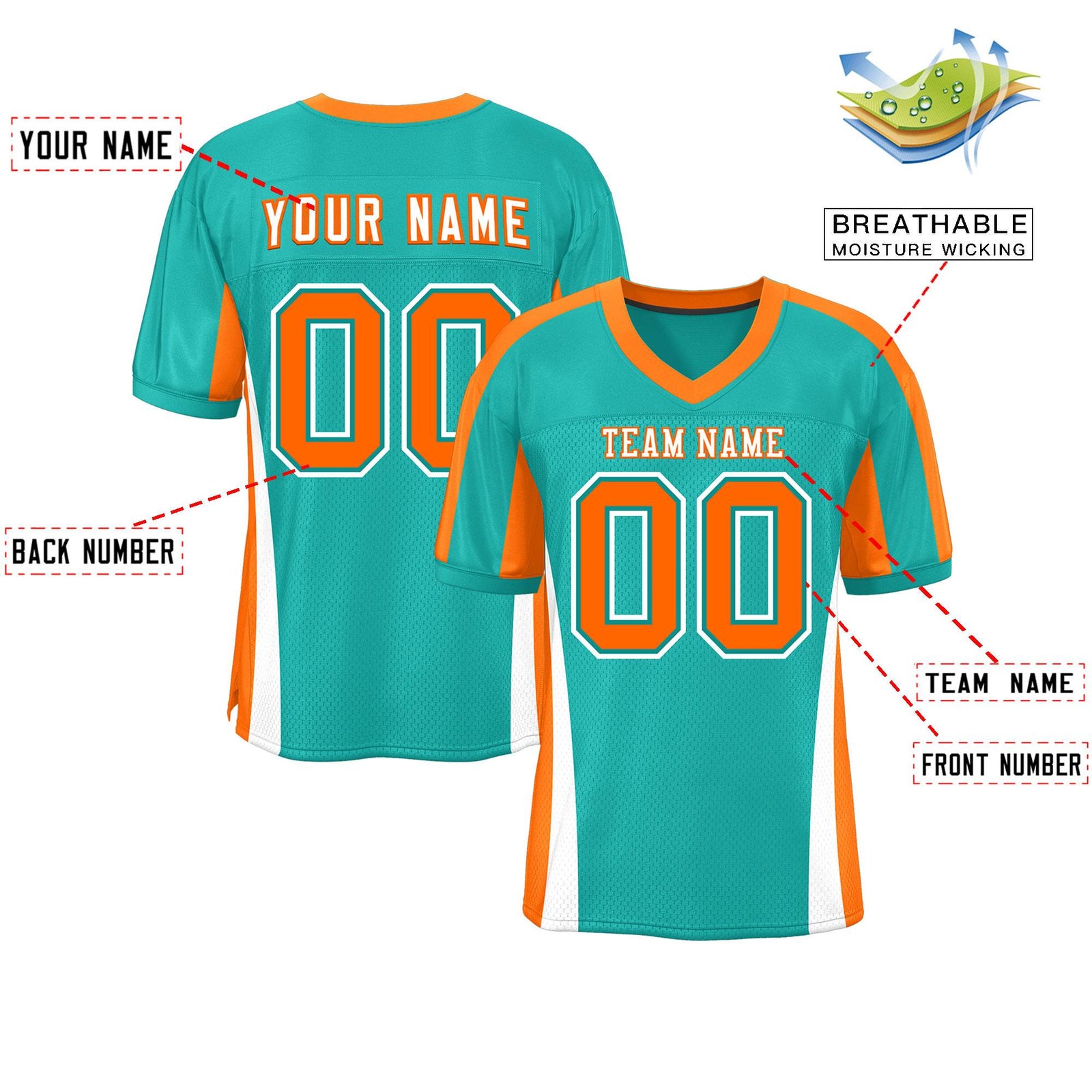 Custom Aqua Color Block Mesh Authentic Football Jersey