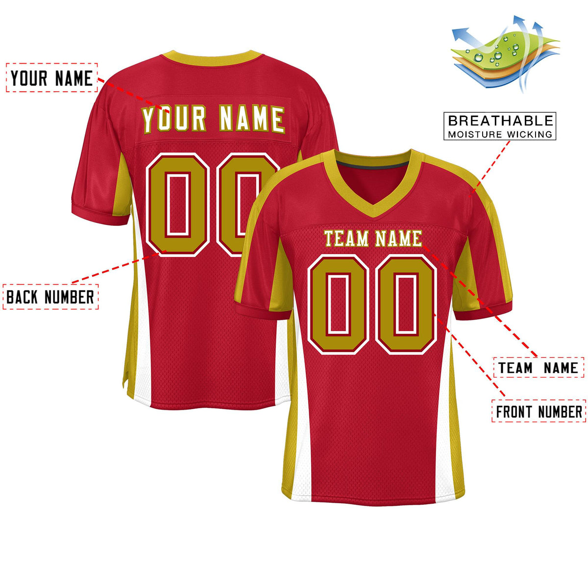 Custom Red Color Block Mesh Authentic Football Jersey