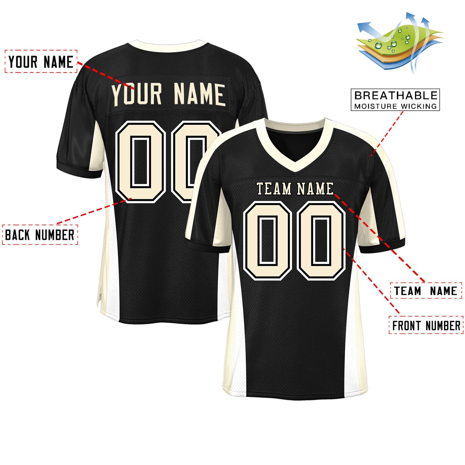 Custom Black Color Block Mesh Authentic Football Jersey