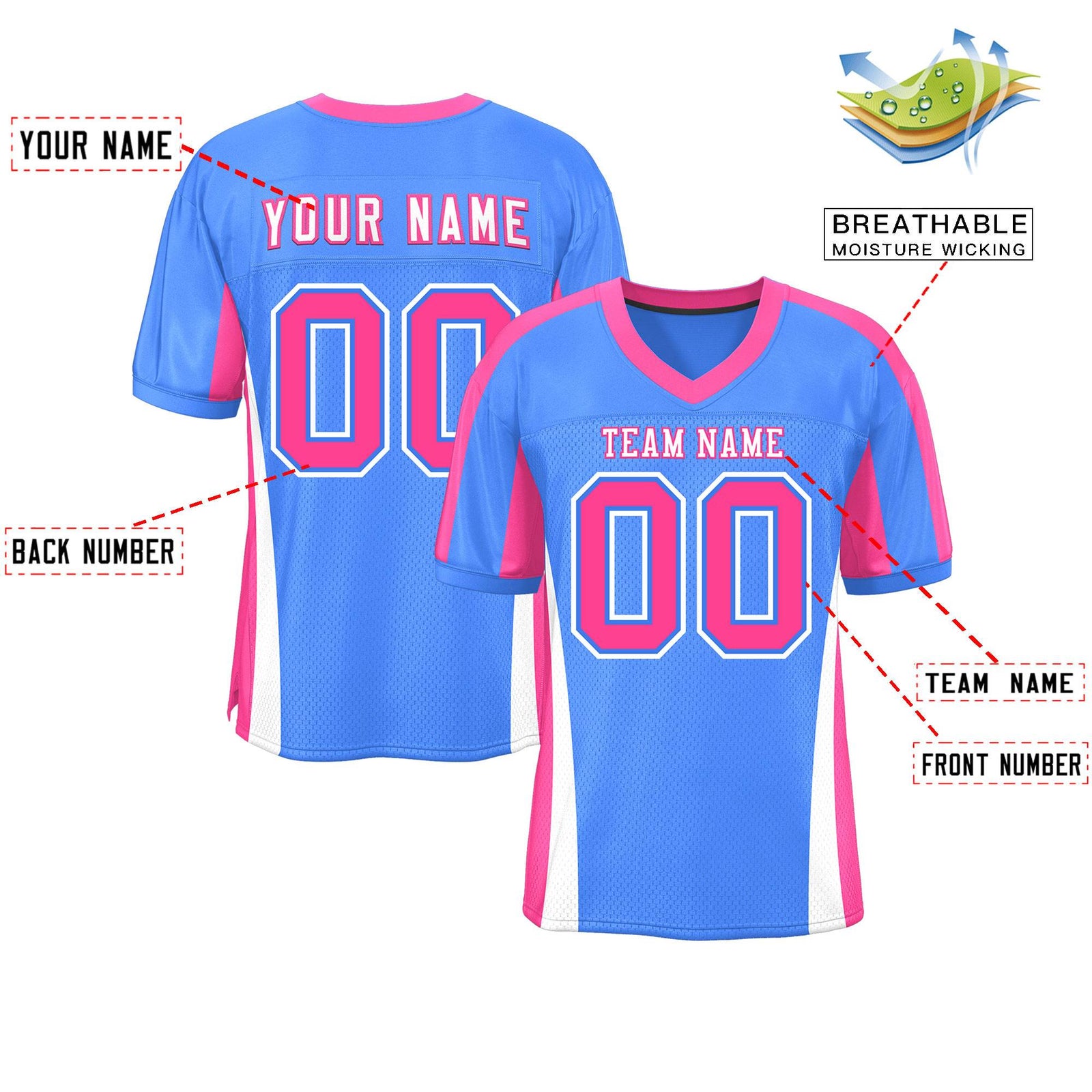 Custom Powder Blue Color Block Mesh Authentic Football Jersey