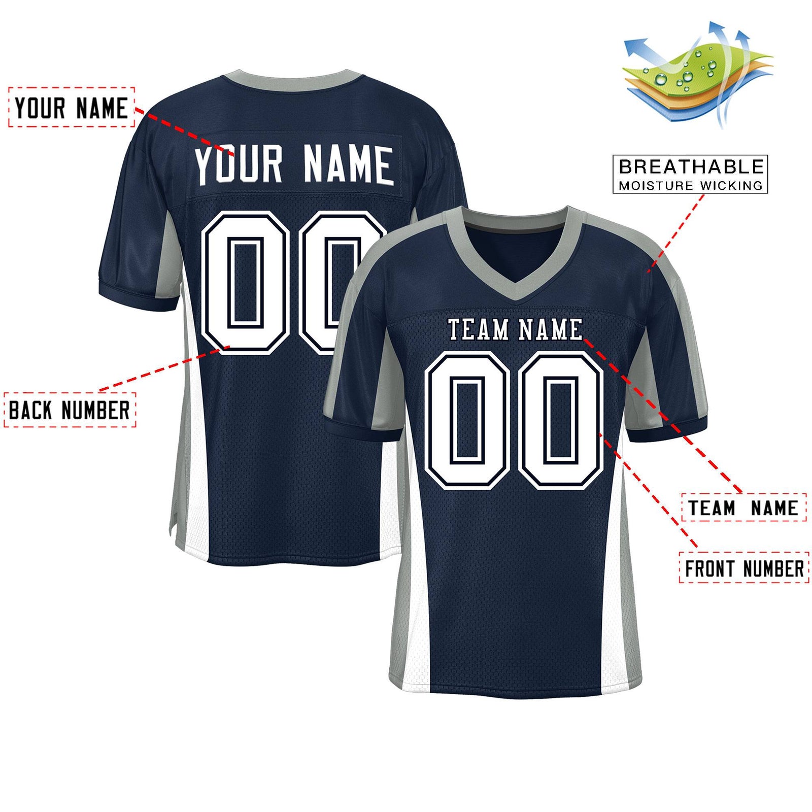 Custom Navy Color Block Mesh Authentic Football Jersey