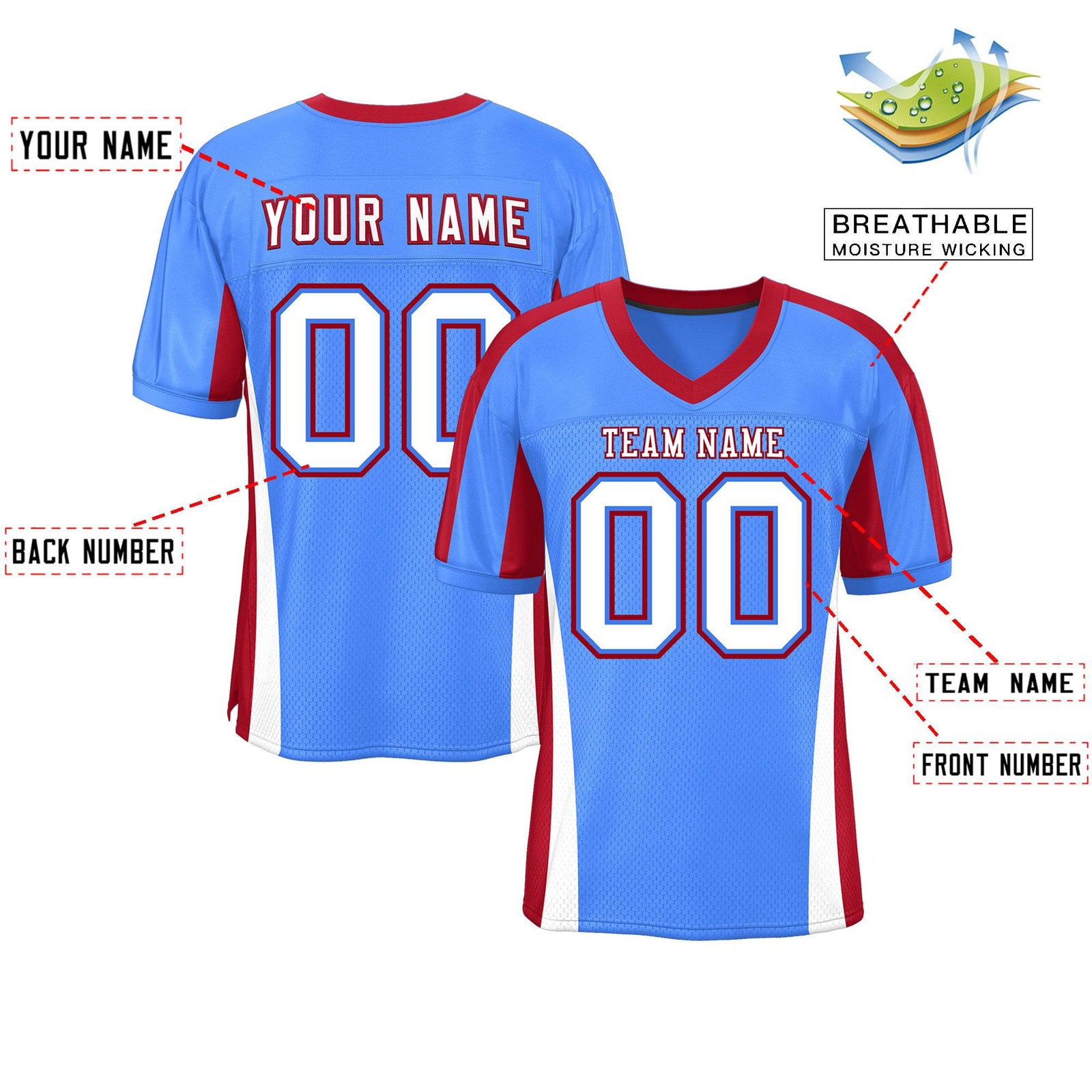 Custom Powder Blue Color Block Mesh Authentic Football Jersey