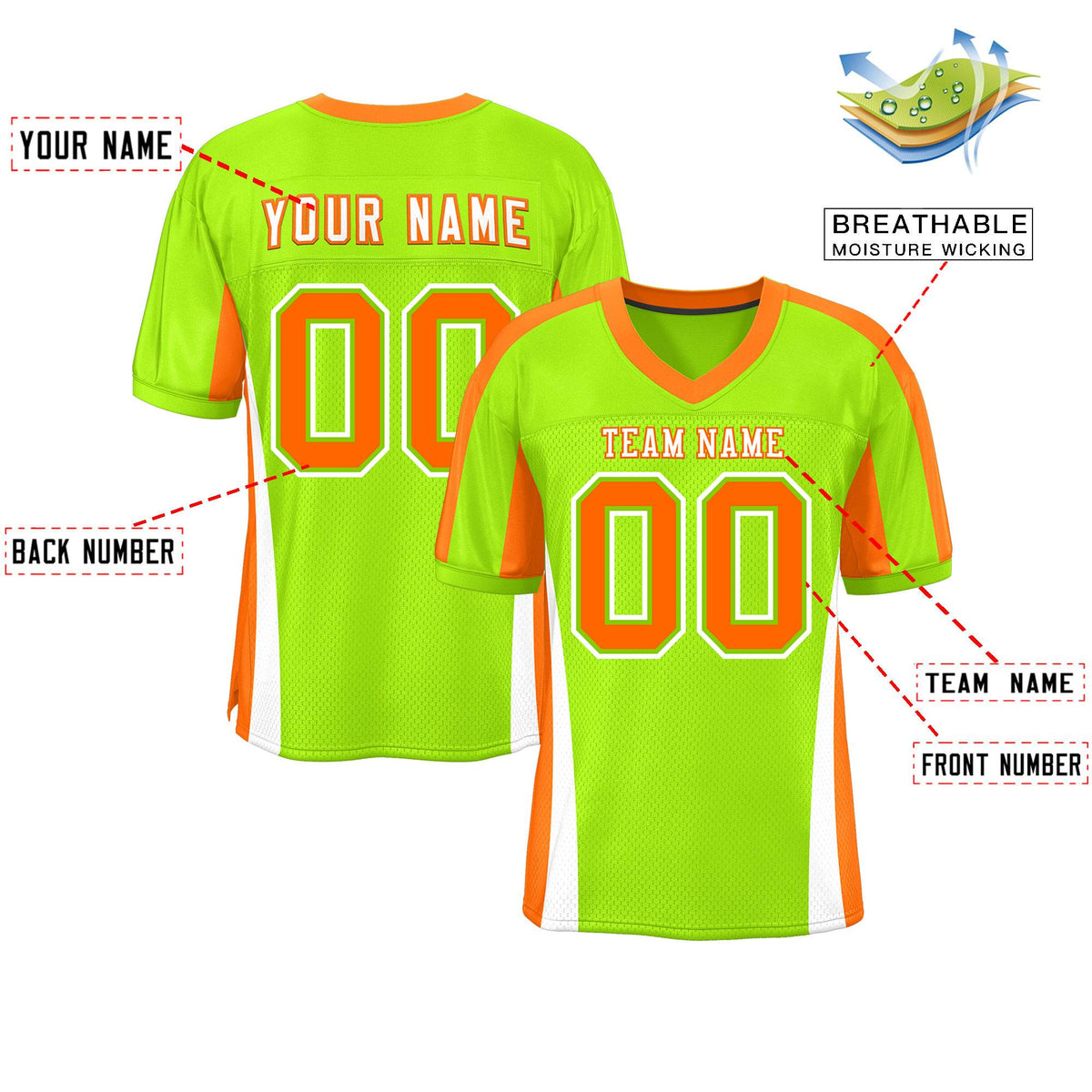 Custom Neon Green Color Block Mesh Authentic Football Jersey
