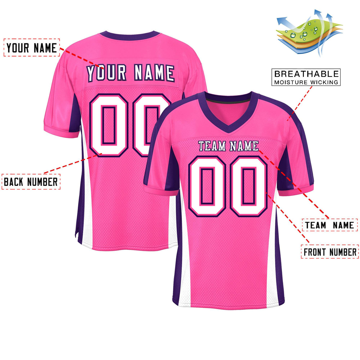 Custom Pink Color Block Mesh Authentic Football Jersey
