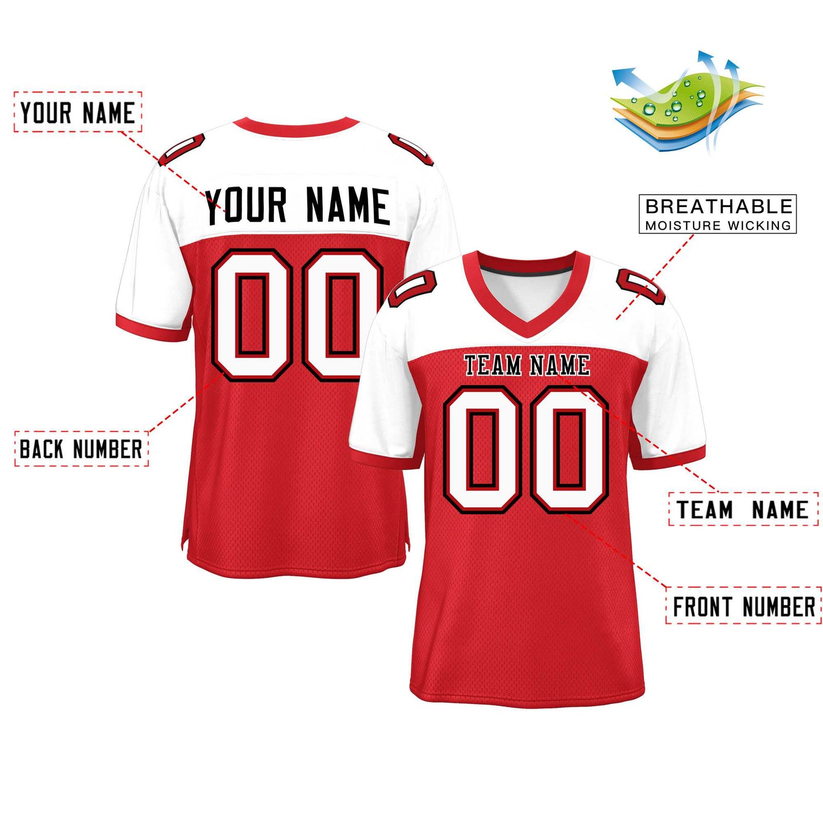 Custom Red-White Raglan Sleeves Fashion Authentic Football Jersey