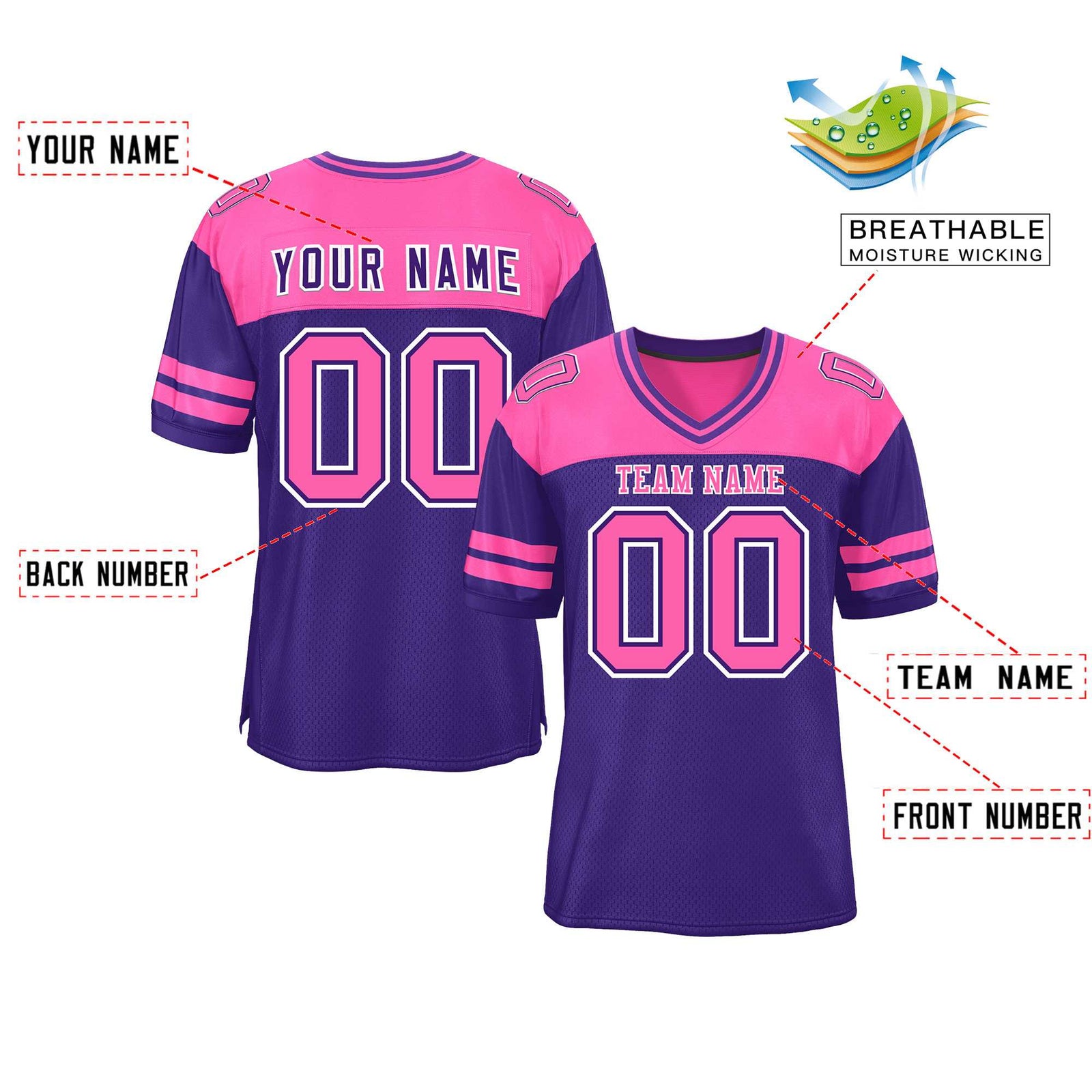 Custom Purple Pink Personalized Color Block Authentic Football Jersey