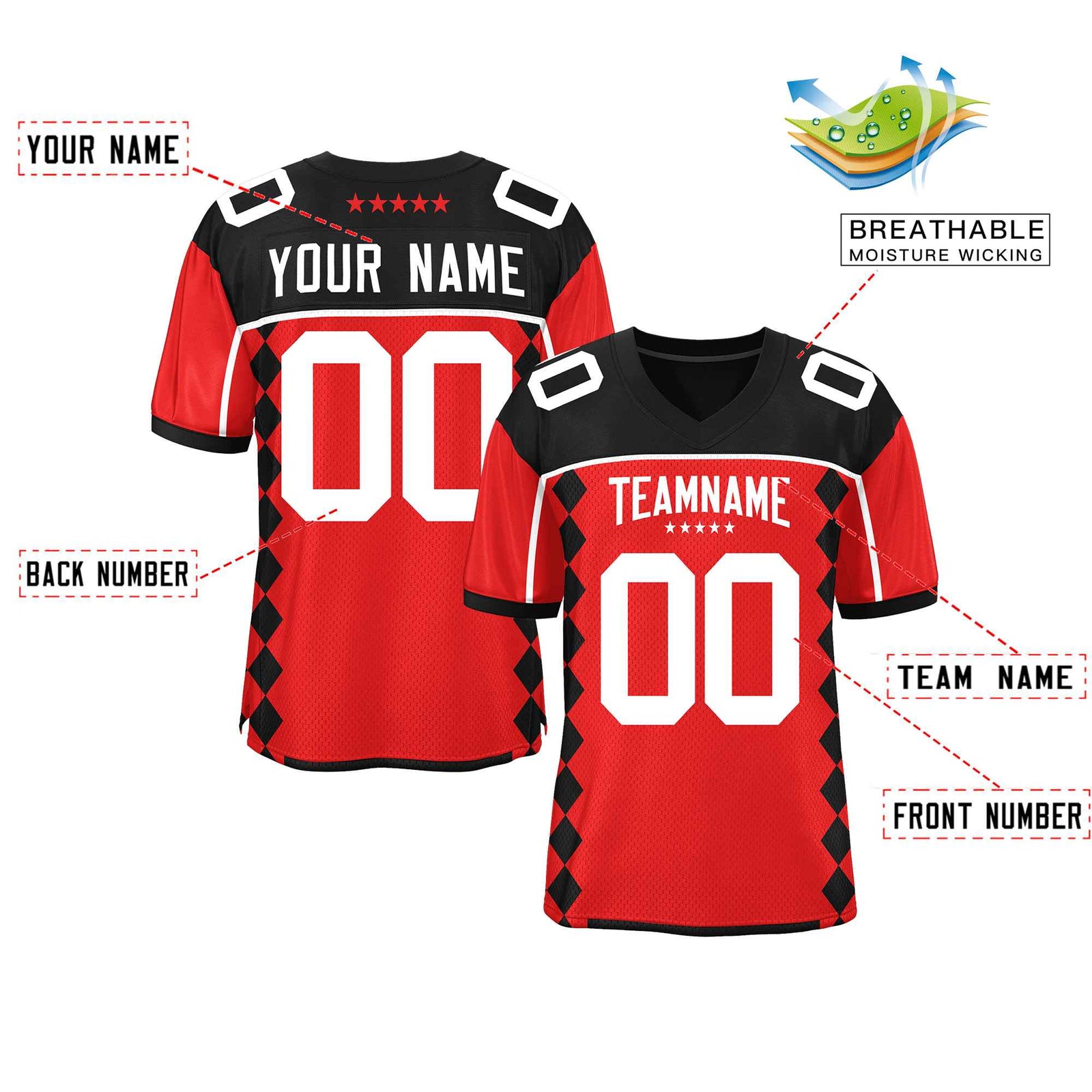 Custom Black Red Raglan Sleeves Side Blocks Pattern Authentic Football Jersey