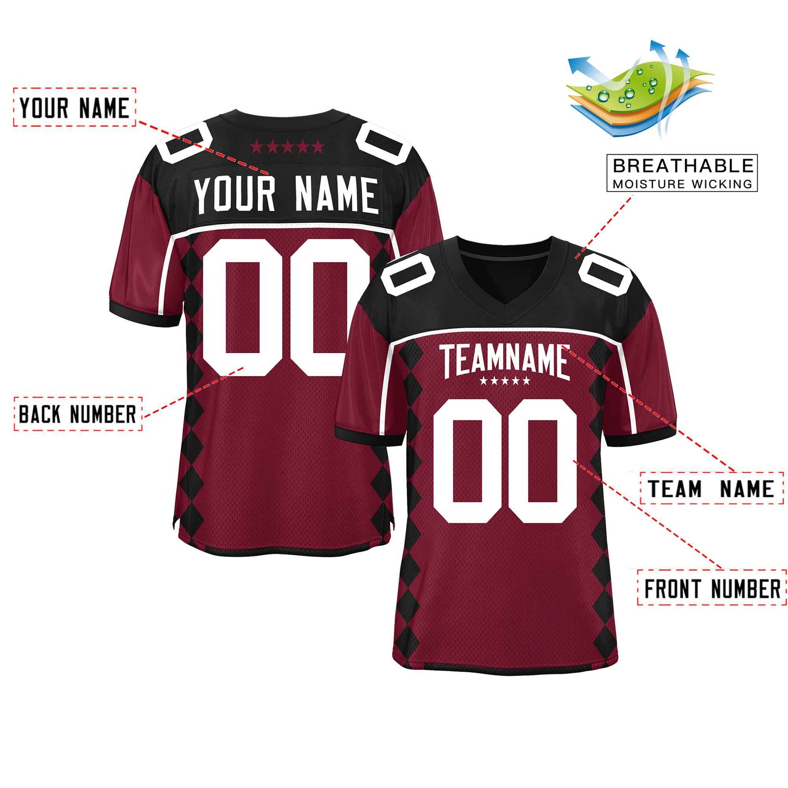 Custom Black Cardinal Raglan Sleeves Side Blocks Pattern Authentic Football Jersey