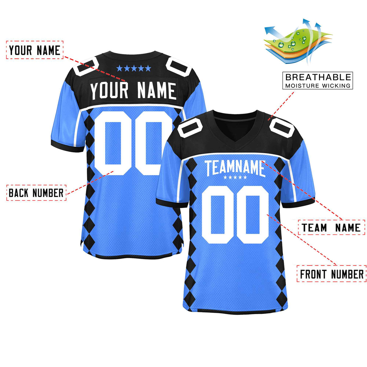 Custom Black Powder Blue Raglan Sleeves Side Blocks Pattern Authentic Football Jersey