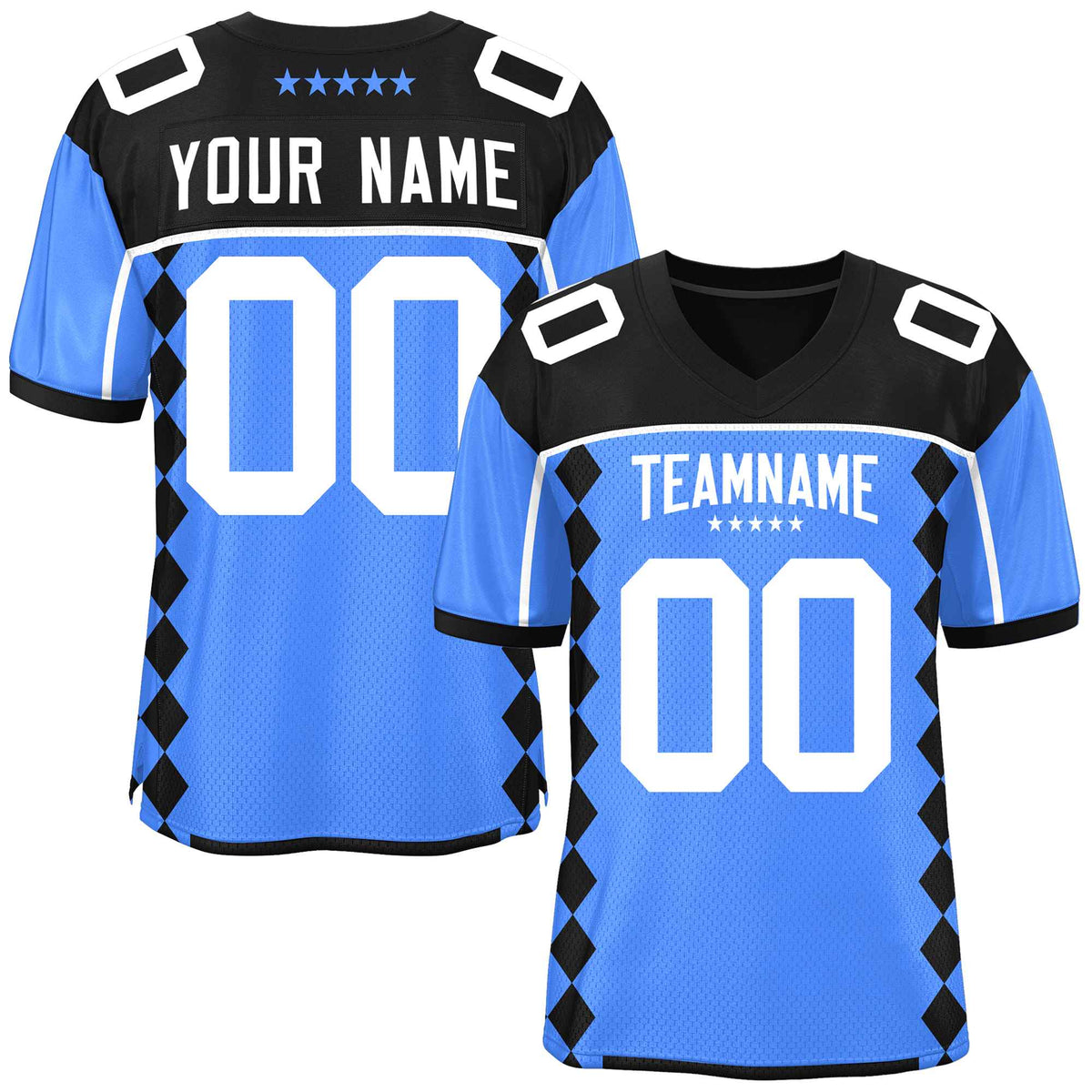 Custom Black Powder Blue Raglan Sleeves Side Blocks Pattern Authentic Football Jersey