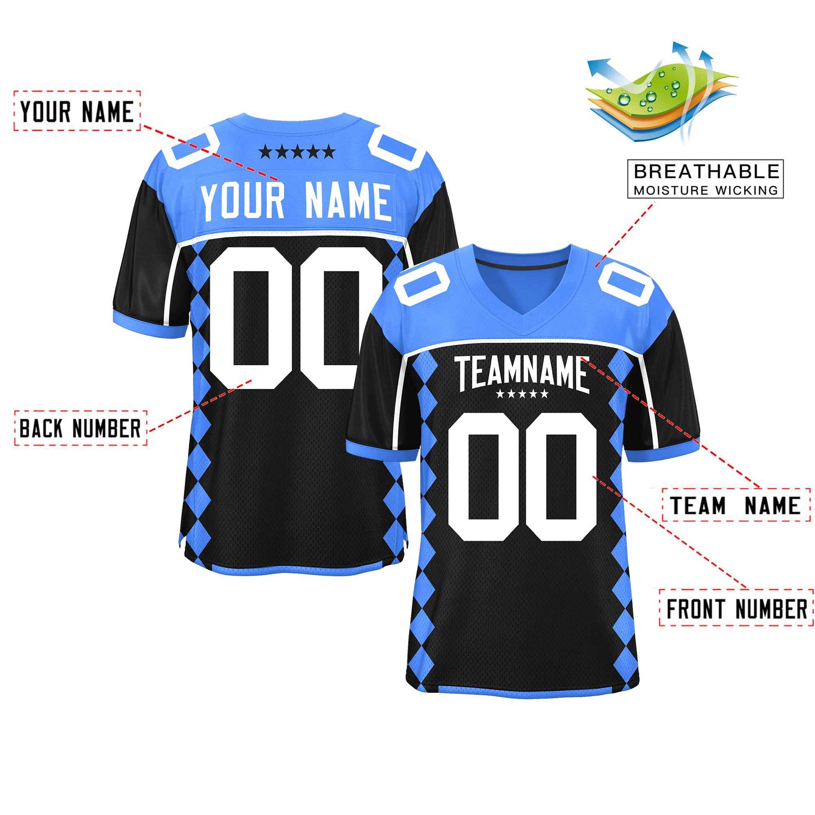 Custom Powder Blue Black Raglan Sleeves Side Blocks Pattern Authentic Football Jersey