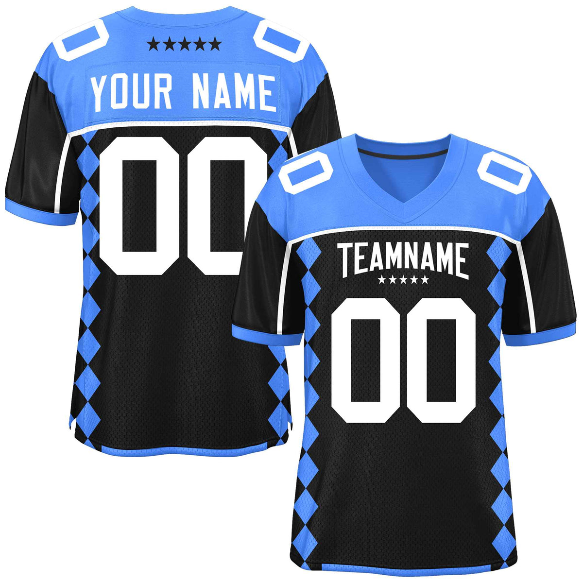 Custom Powder Blue Black Raglan Sleeves Side Blocks Pattern Authentic Football Jersey