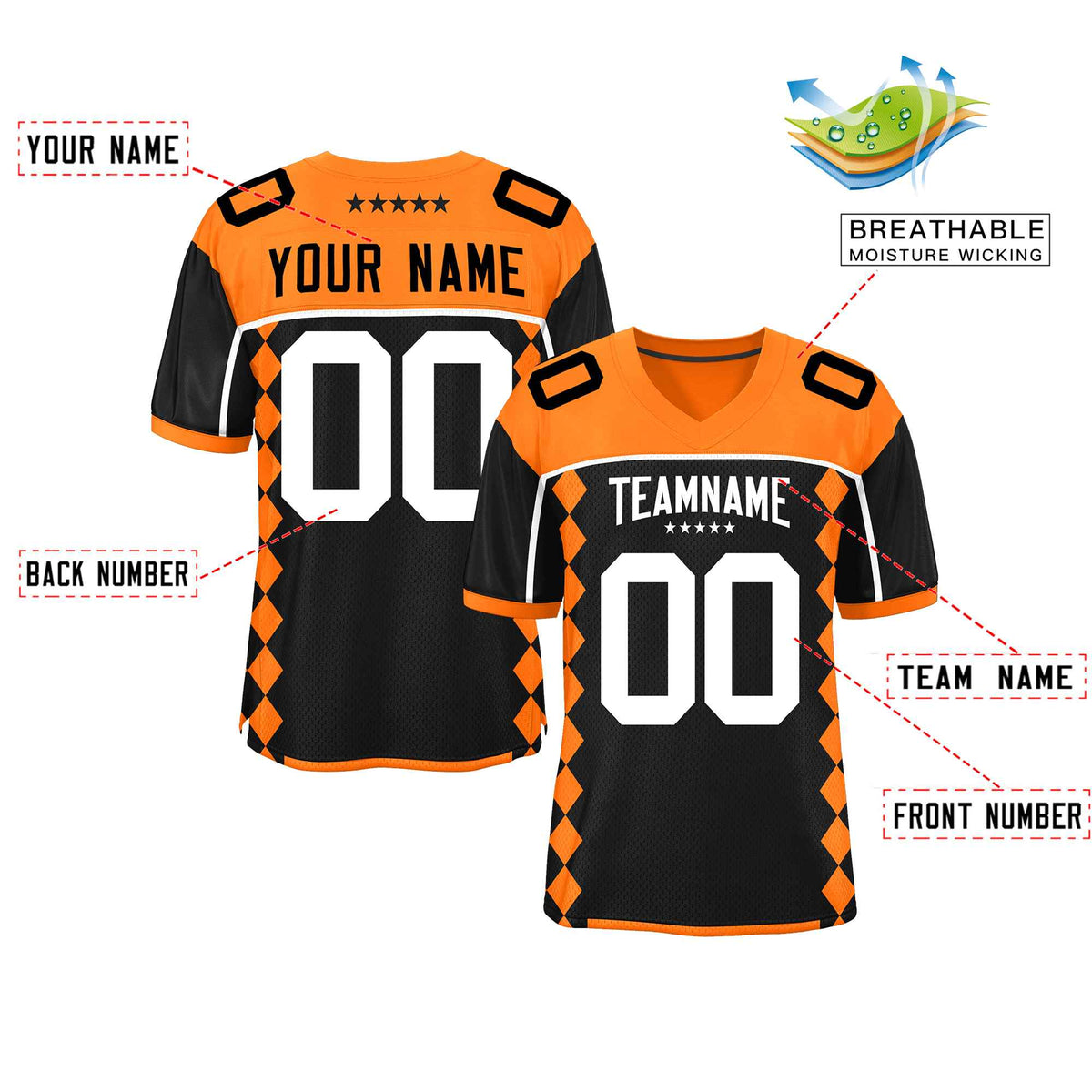 Custom Black Orange Raglan Sleeves Side Blocks Pattern Authentic Football Jersey