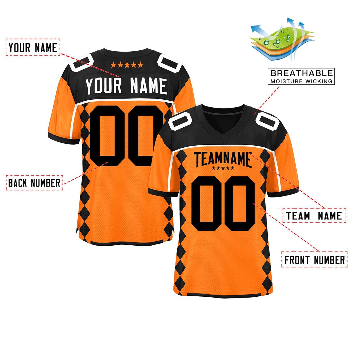 Custom Black Orange Raglan Sleeves Side Blocks Pattern Authentic Football Jersey