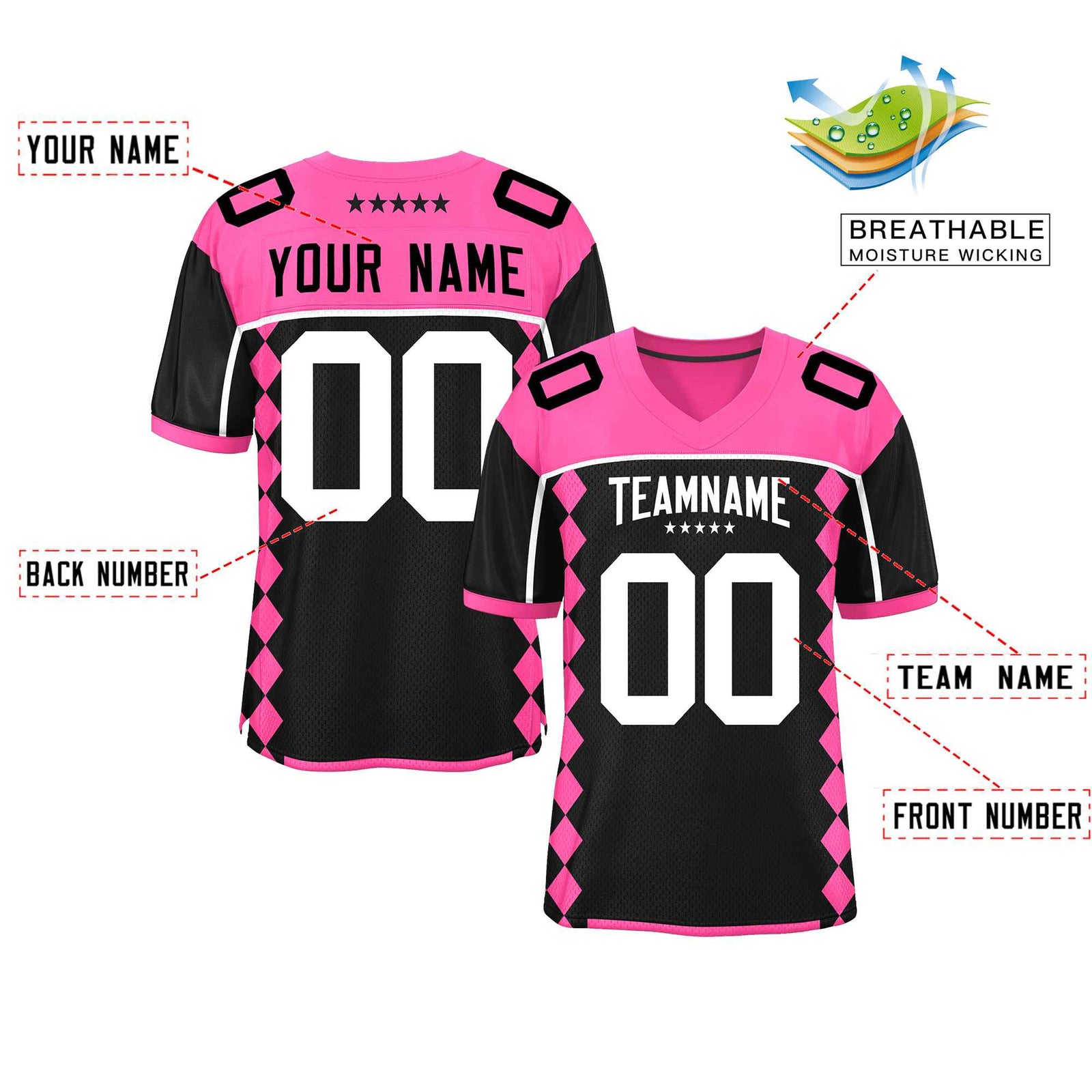 Custom Pink Black Raglan Sleeves Side Blocks Pattern Authentic Football Jersey
