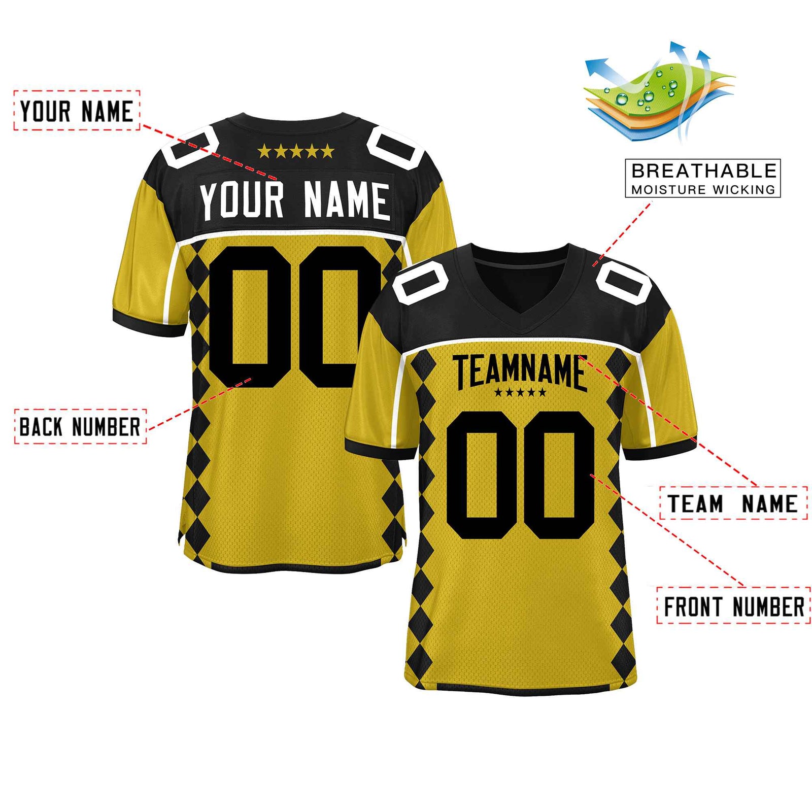 Custom Black Old Gold Raglan Sleeves Side Blocks Pattern Authentic Football Jersey