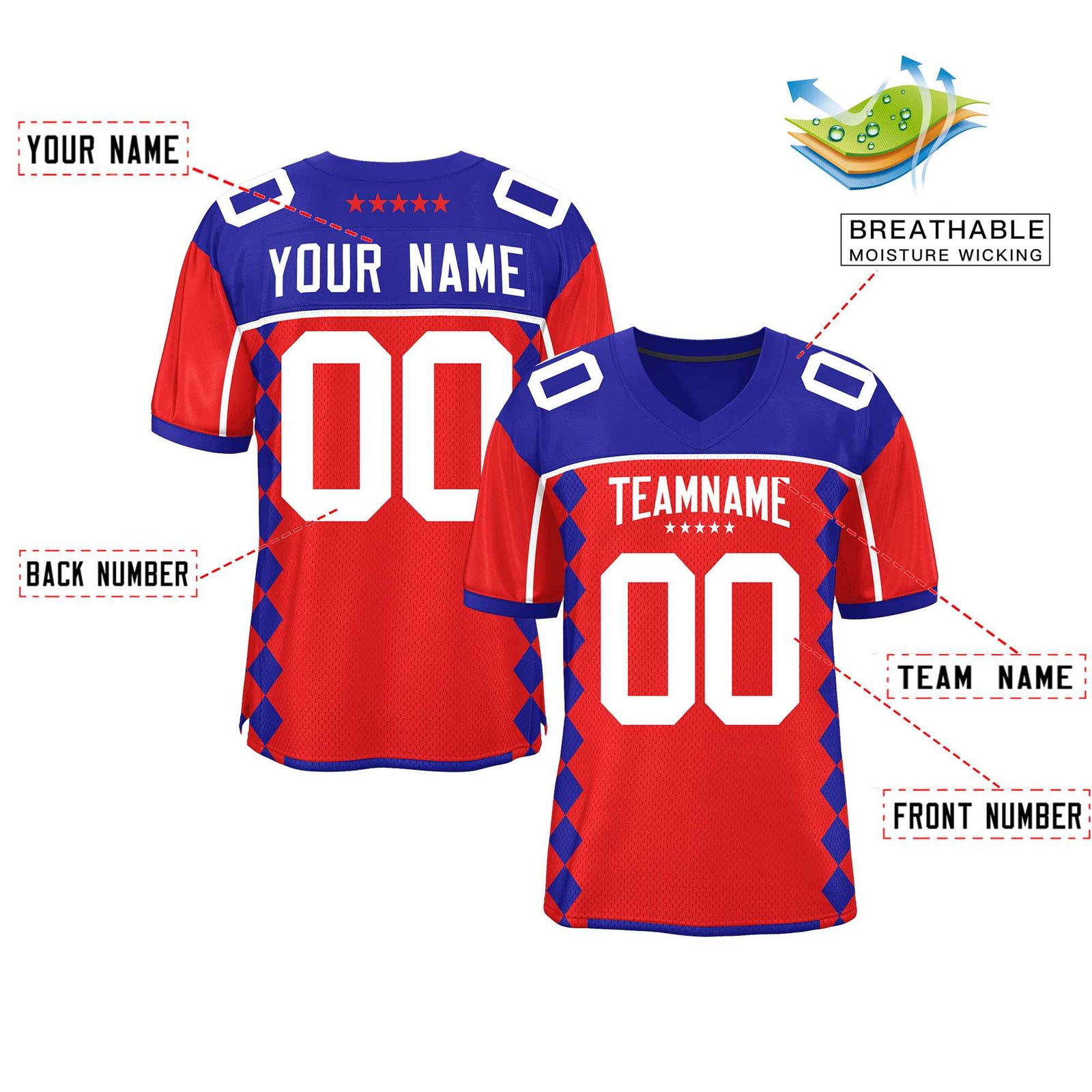 Custom Royal Red Raglan Sleeves Side Blocks Pattern Authentic Football Jersey