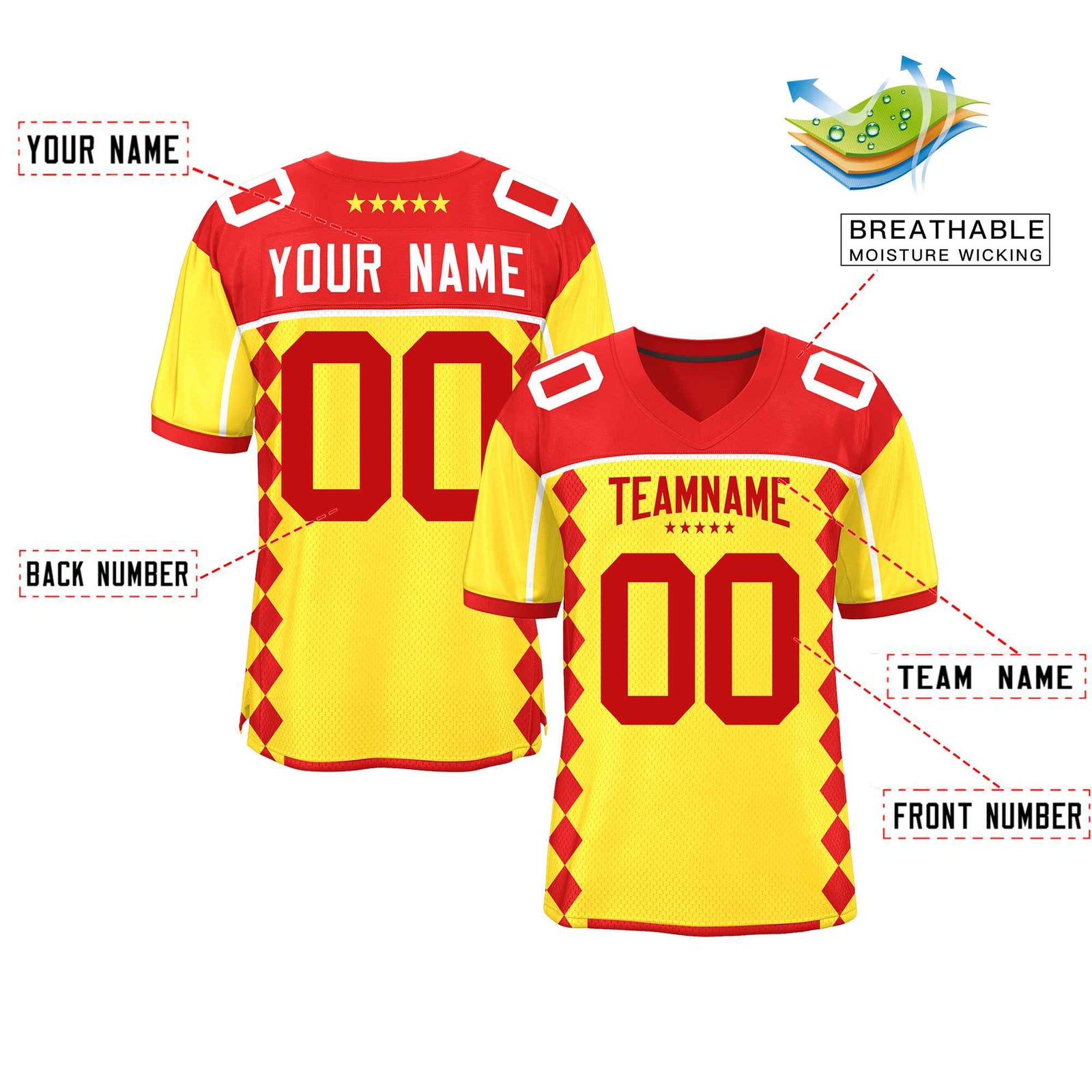 Custom Red Gold Raglan Sleeves Side Blocks Pattern Authentic Football Jersey