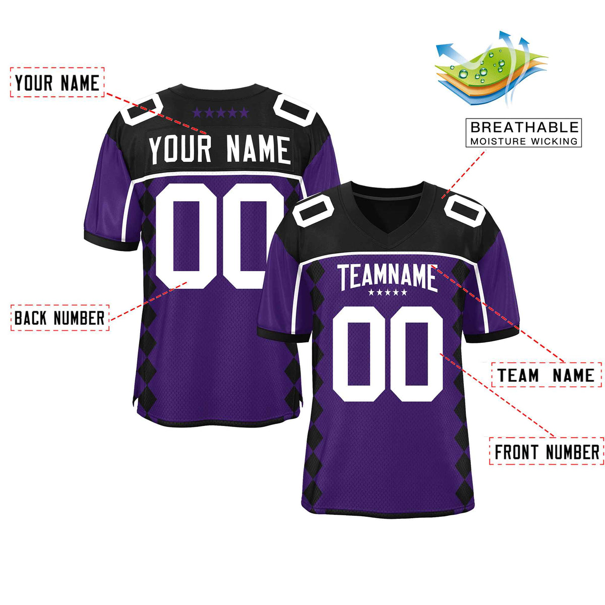 Custom Black Purple Raglan Sleeves Side Blocks Pattern Authentic Football Jersey