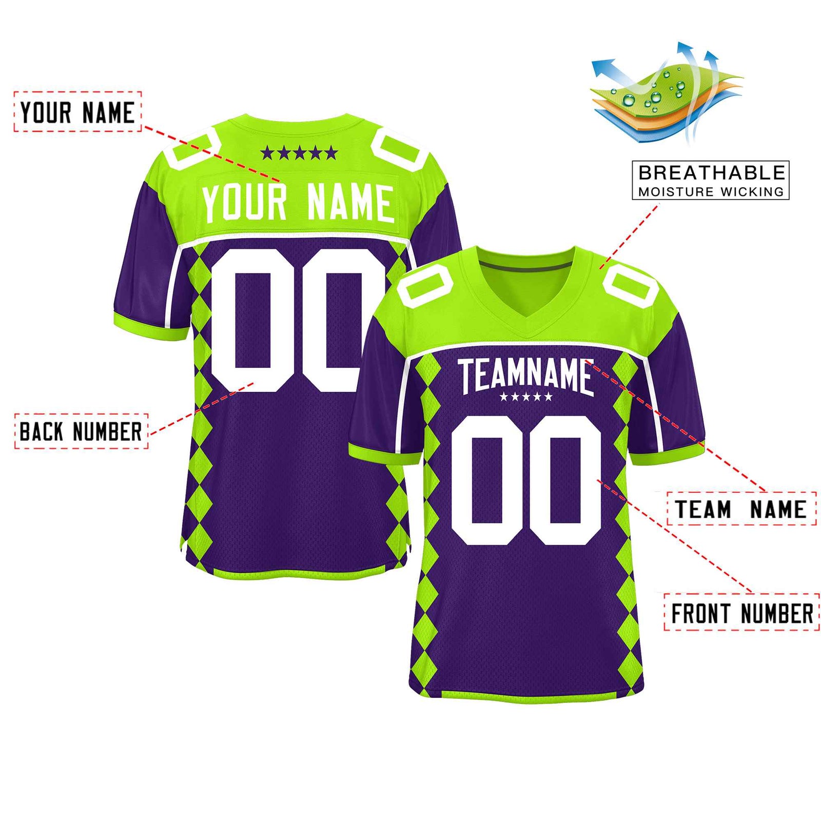 Custom Neon Green Purple Raglan Sleeves Side Blocks Pattern Authentic Football Jersey