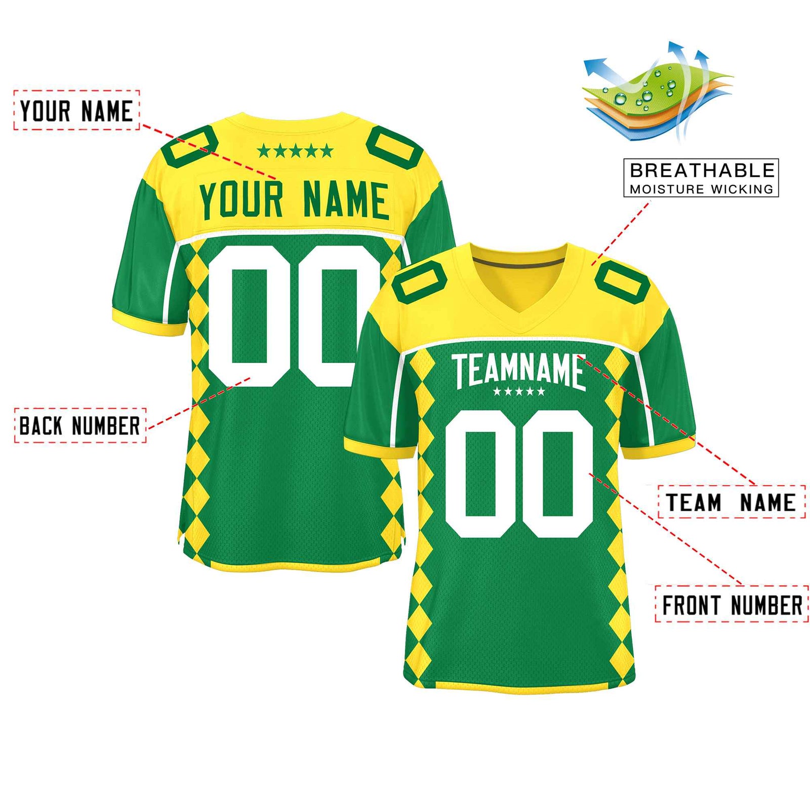 Custom Gold Kelly Green Raglan Sleeves Side Blocks Pattern Authentic Football Jersey