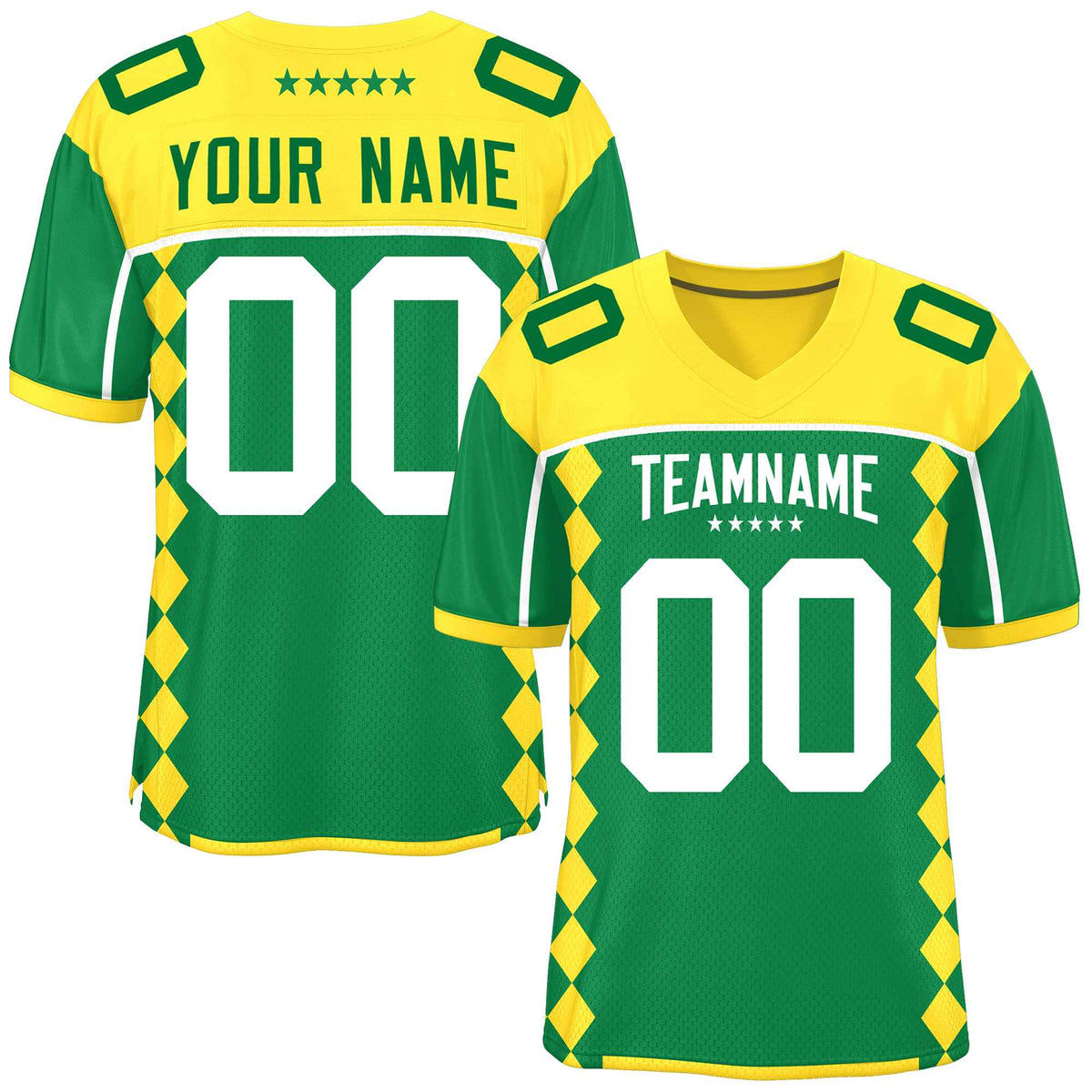 Custom Gold Kelly Green Raglan Sleeves Side Blocks Pattern Authentic Football Jersey