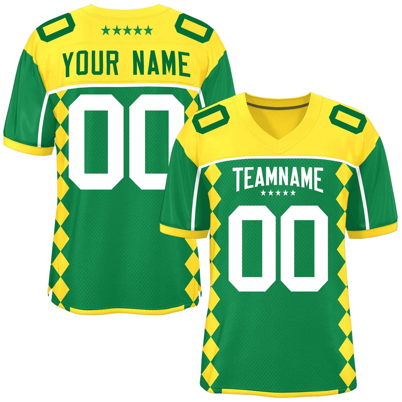 Custom Gold Kelly Green Raglan Sleeves Side Blocks Pattern Authentic Football Jersey