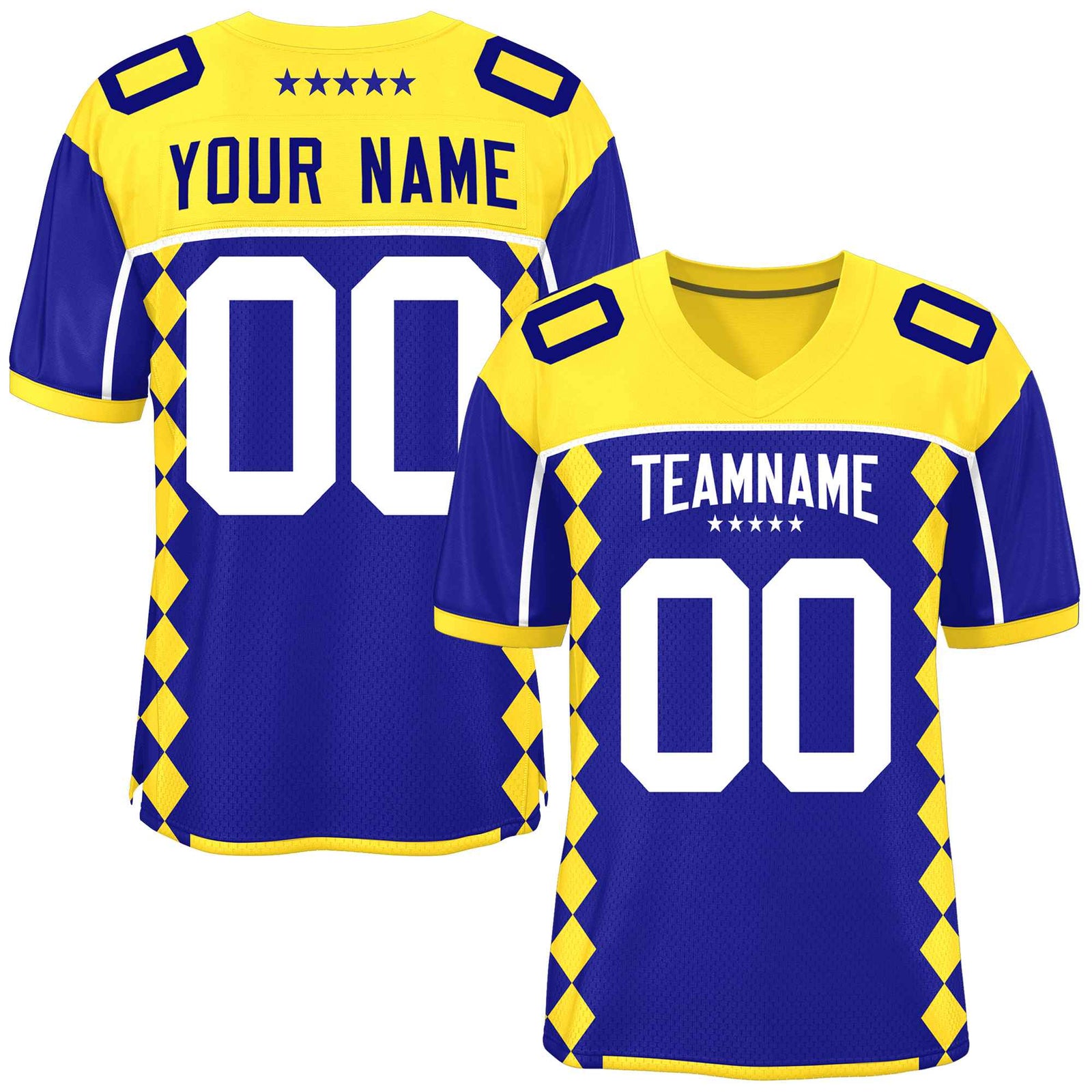Custom Gold Royal Raglan Sleeves Side Blocks Pattern Authentic Football Jersey