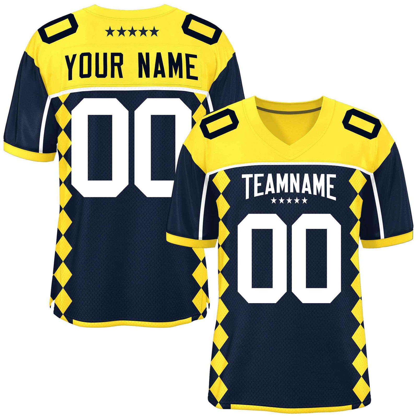 Custom Gold Navy Raglan Sleeves Side Blocks Pattern Authentic Football Jersey