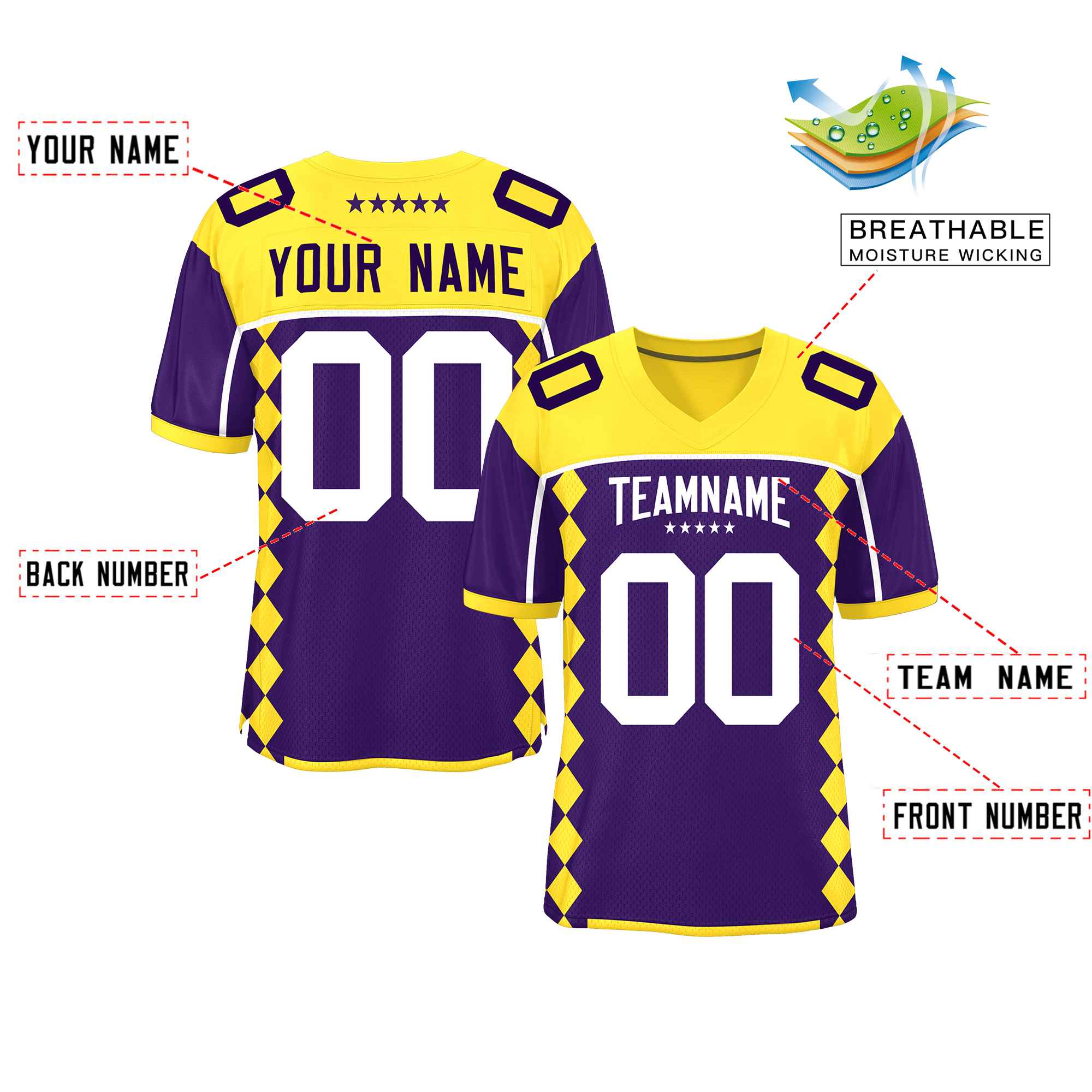 Custom Gold Purple Raglan Sleeves Side Blocks Pattern Authentic Football Jersey