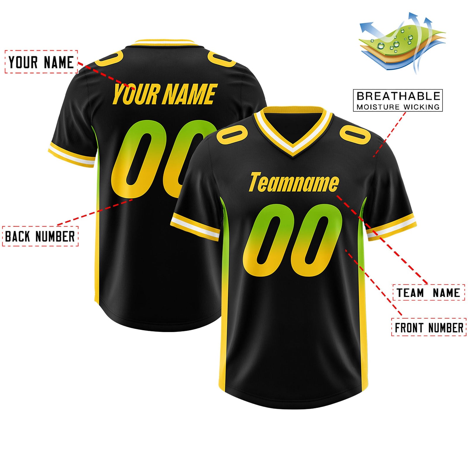 Custom Black Neon Green and Gold Sides Gradient Fashion Personalized Team Football Jersey