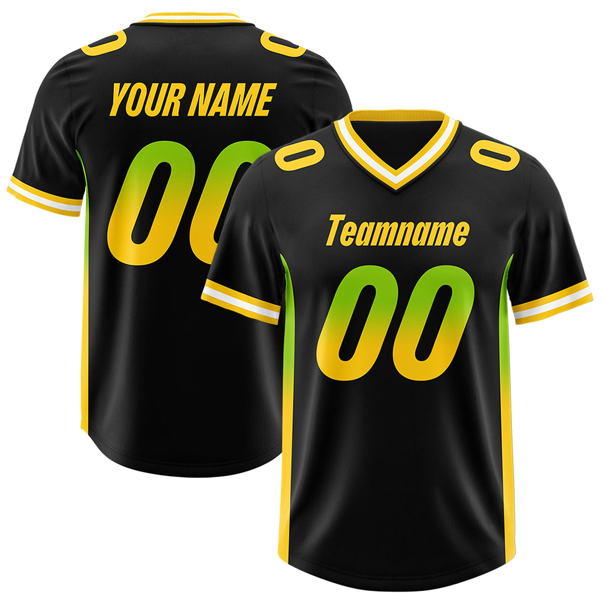 Custom Black Neon Green and Gold Sides Gradient Fashion Personalized Team Football Jersey
