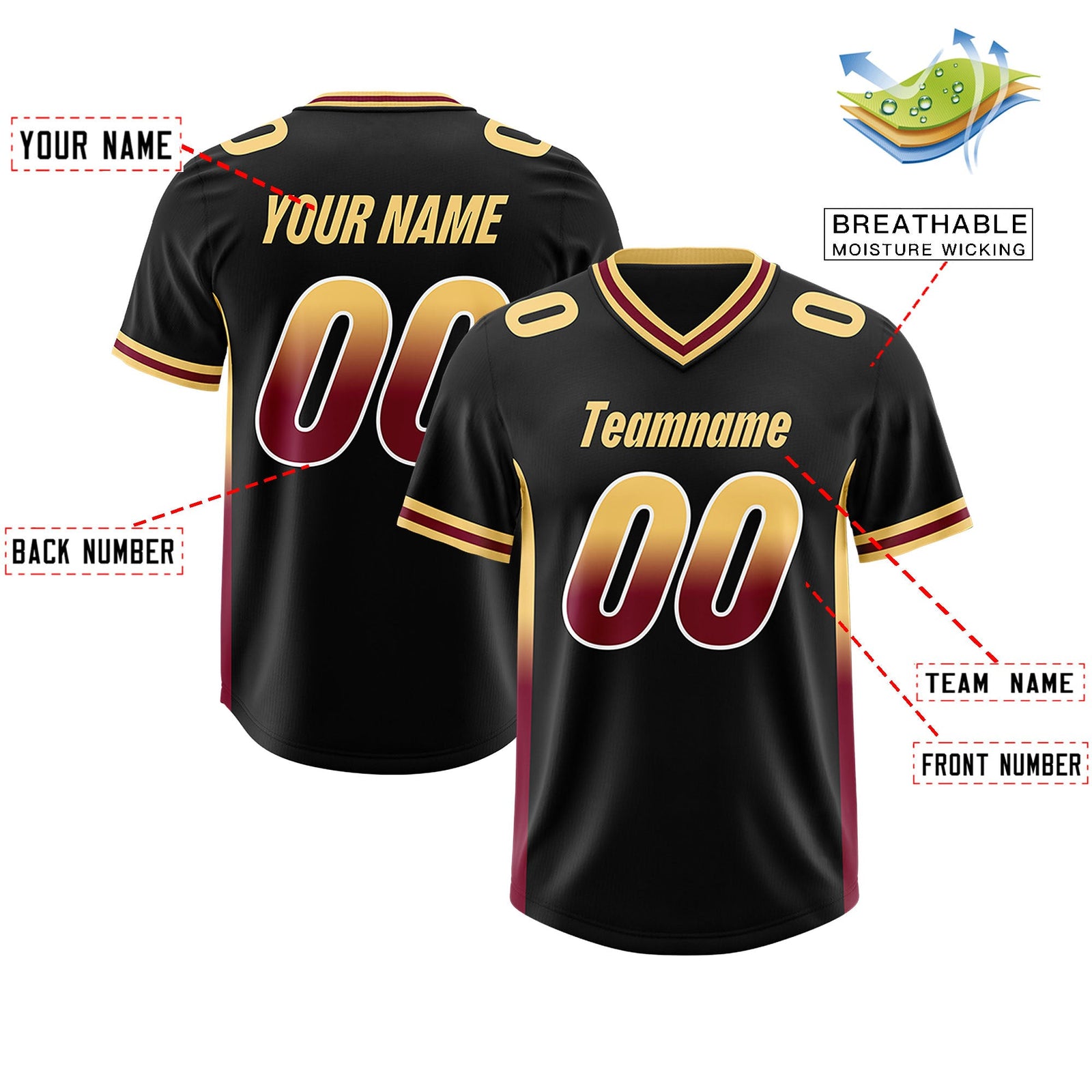 Custom Black Khaki and Cardinal Sides Gradient Fashion Personalized Team Football Jersey