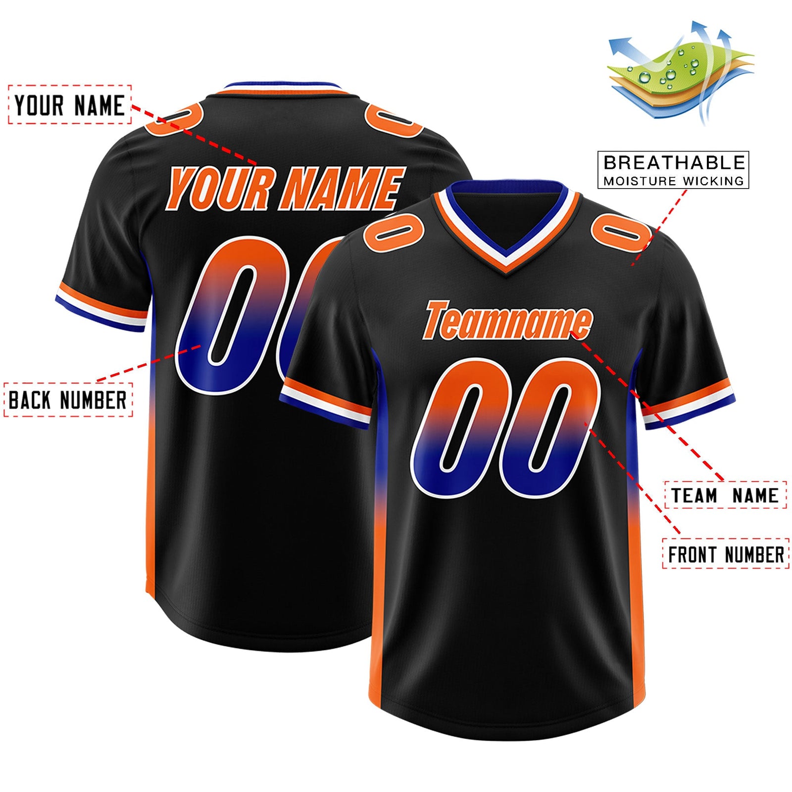 Custom Black Royal and Orange Sides Gradient Fashion Personalized Team Football Jersey