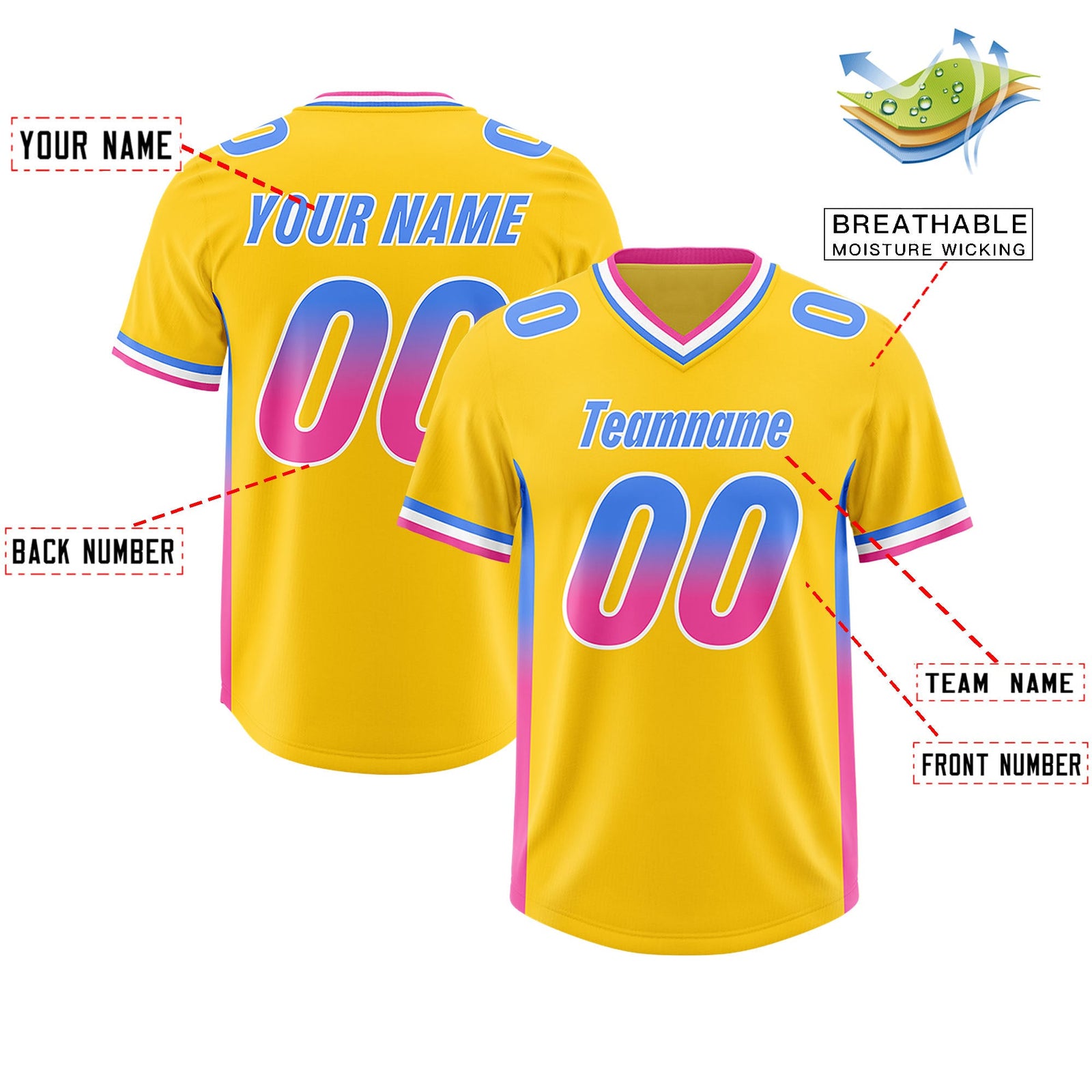 Custom Gold Powder Blue and Pink Sides Gradient Fashion Personalized Team Football Jersey