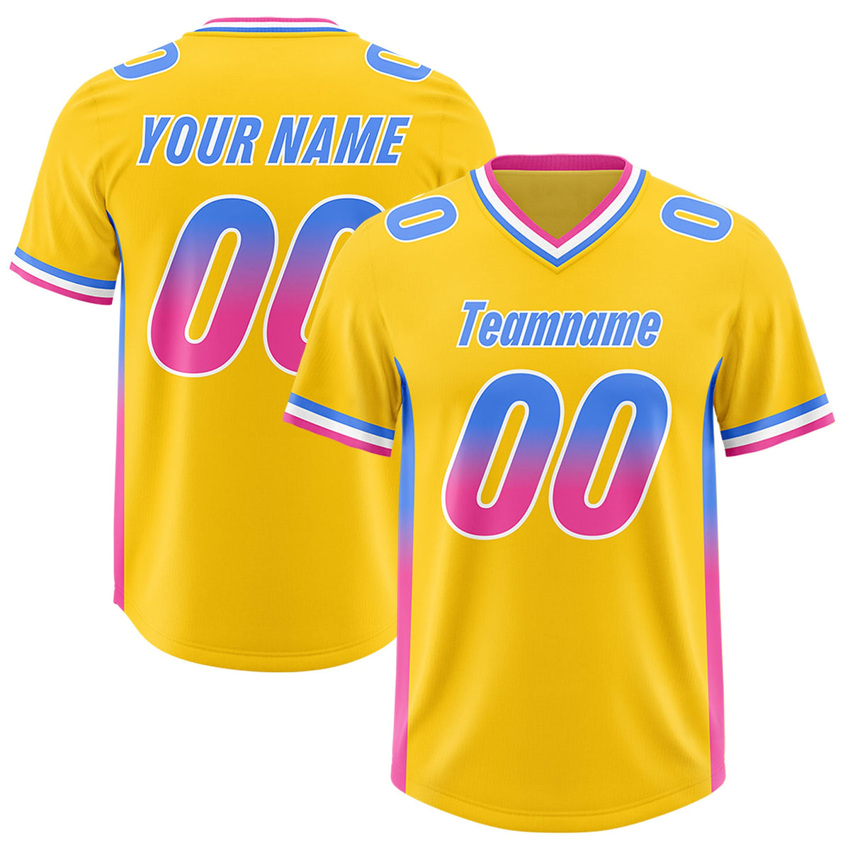 Custom Gold Powder Blue and Pink Sides Gradient Fashion Personalized Team Football Jersey