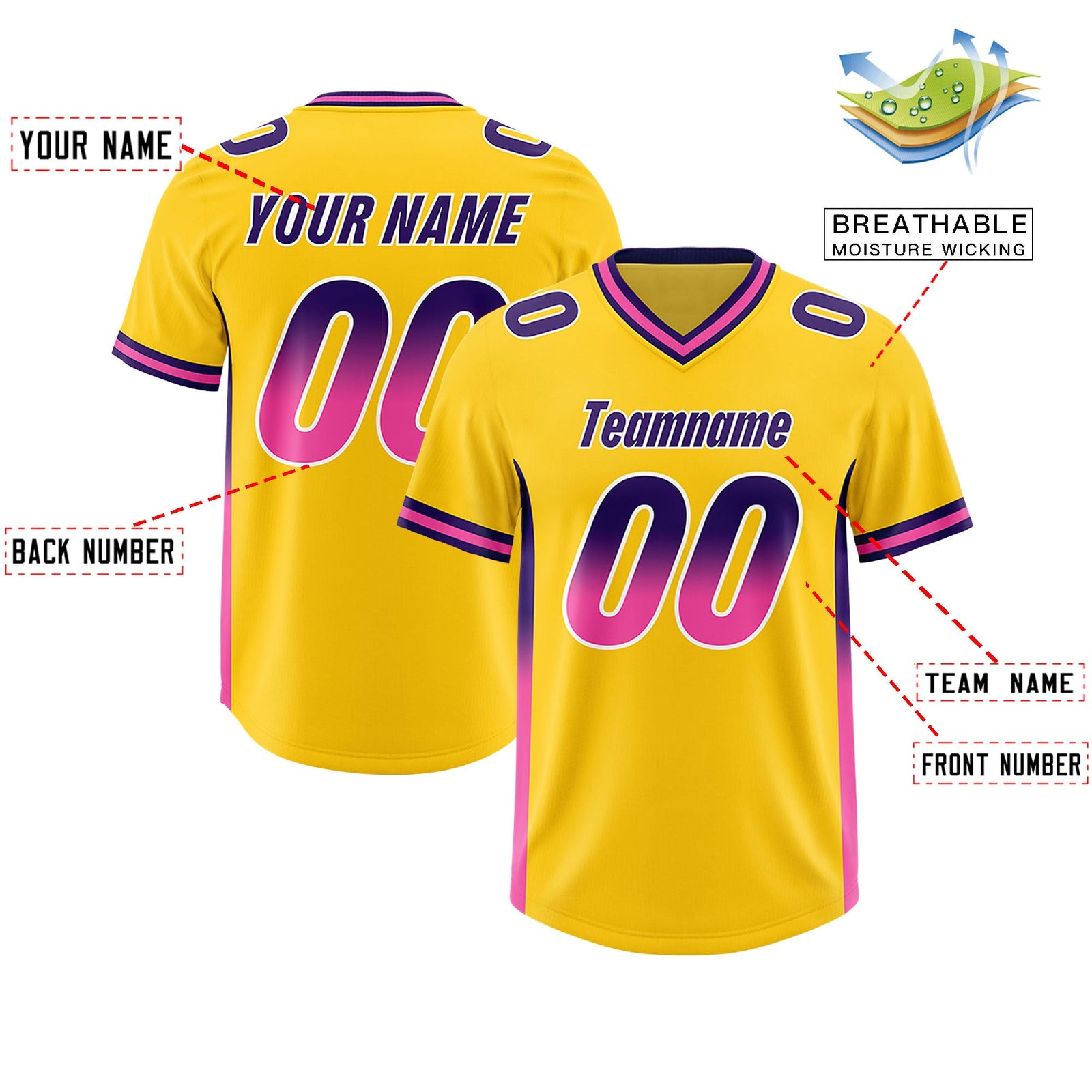 Custom Gold Purple and Pink Sides Gradient Fashion Personalized Team Football Jersey