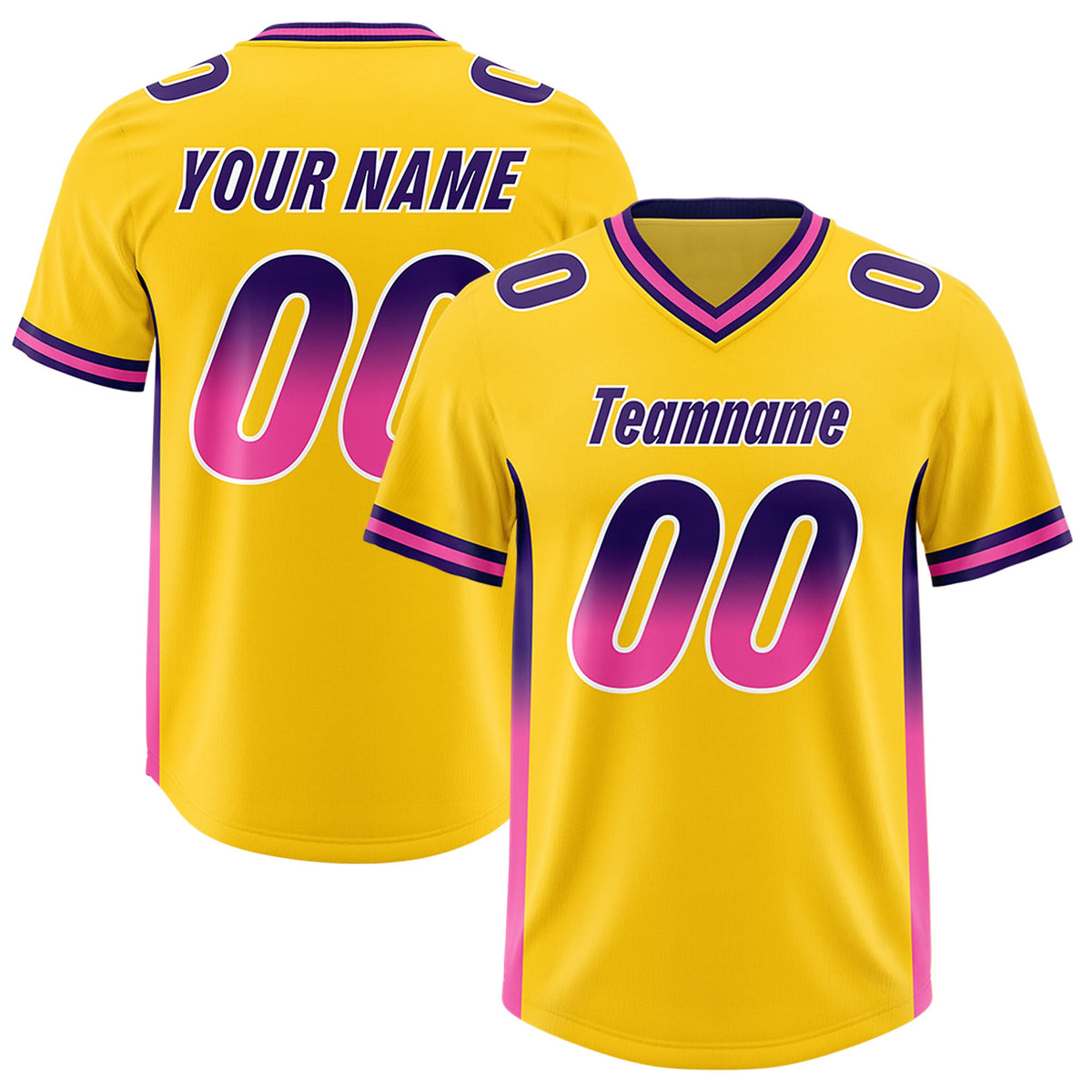 Custom Gold Purple and Pink Sides Gradient Fashion Personalized Team Football Jersey