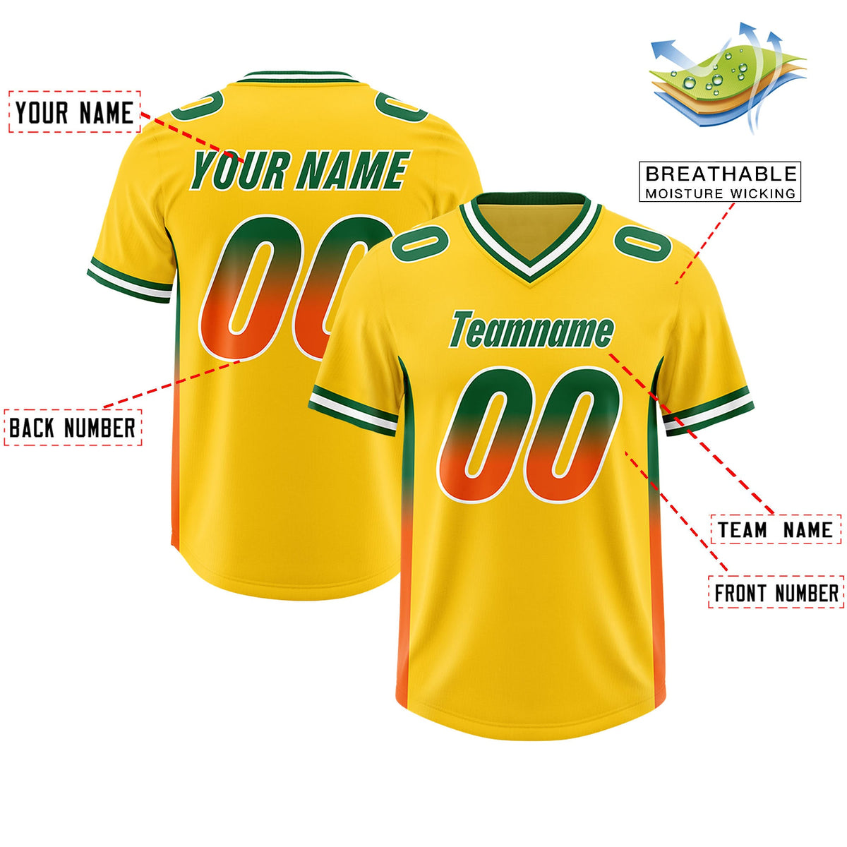 Custom Gold Kelly Green and Orange Sides Gradient Fashion Personalized Team Football Jersey