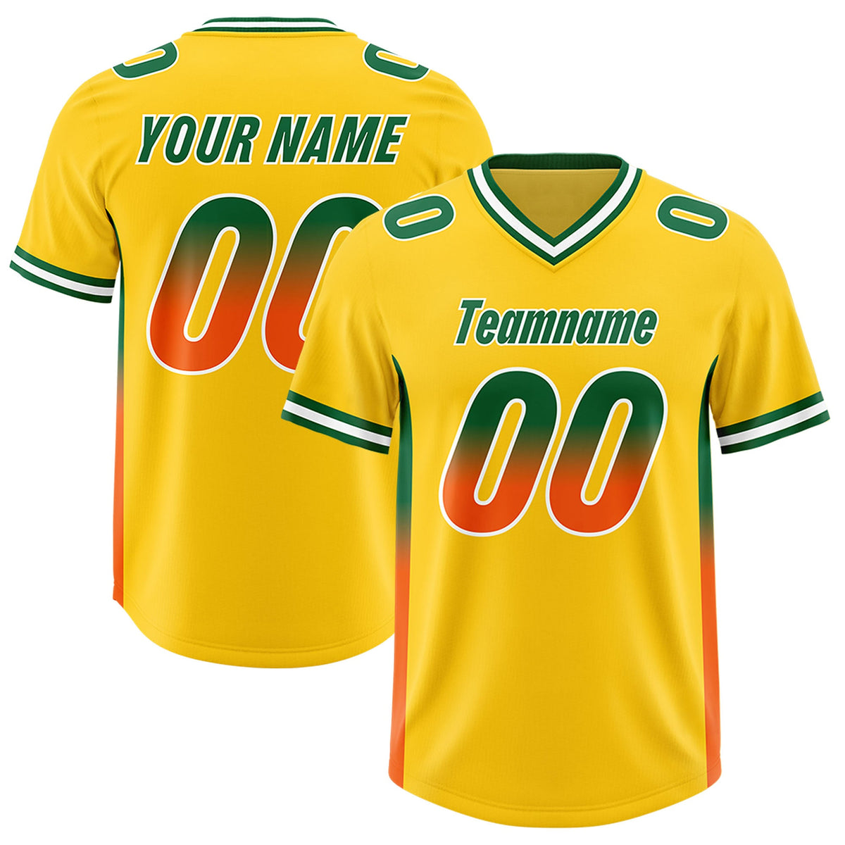 Custom Gold Kelly Green and Orange Sides Gradient Fashion Personalized Team Football Jersey
